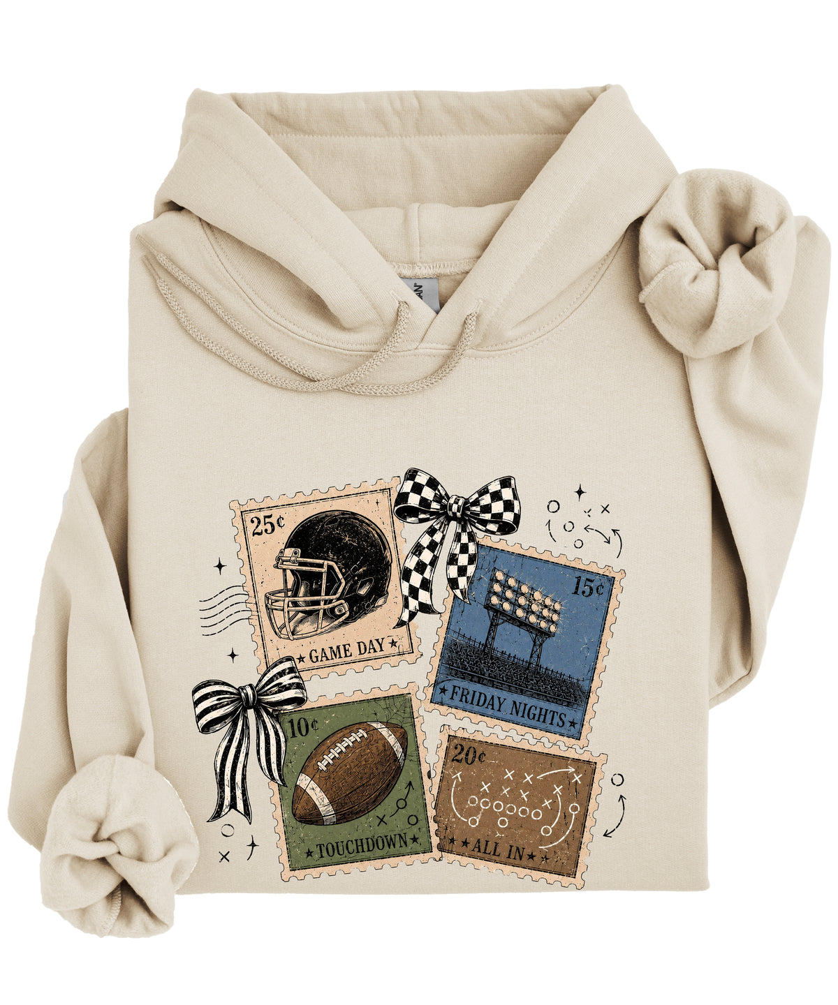 Vintage football stamps coquette bow hoodie, Sand Hoodie, view 4