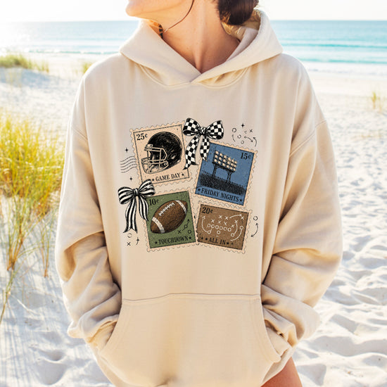 Vintage football stamps coquette bow hoodie, Sand Hoodie, view 6