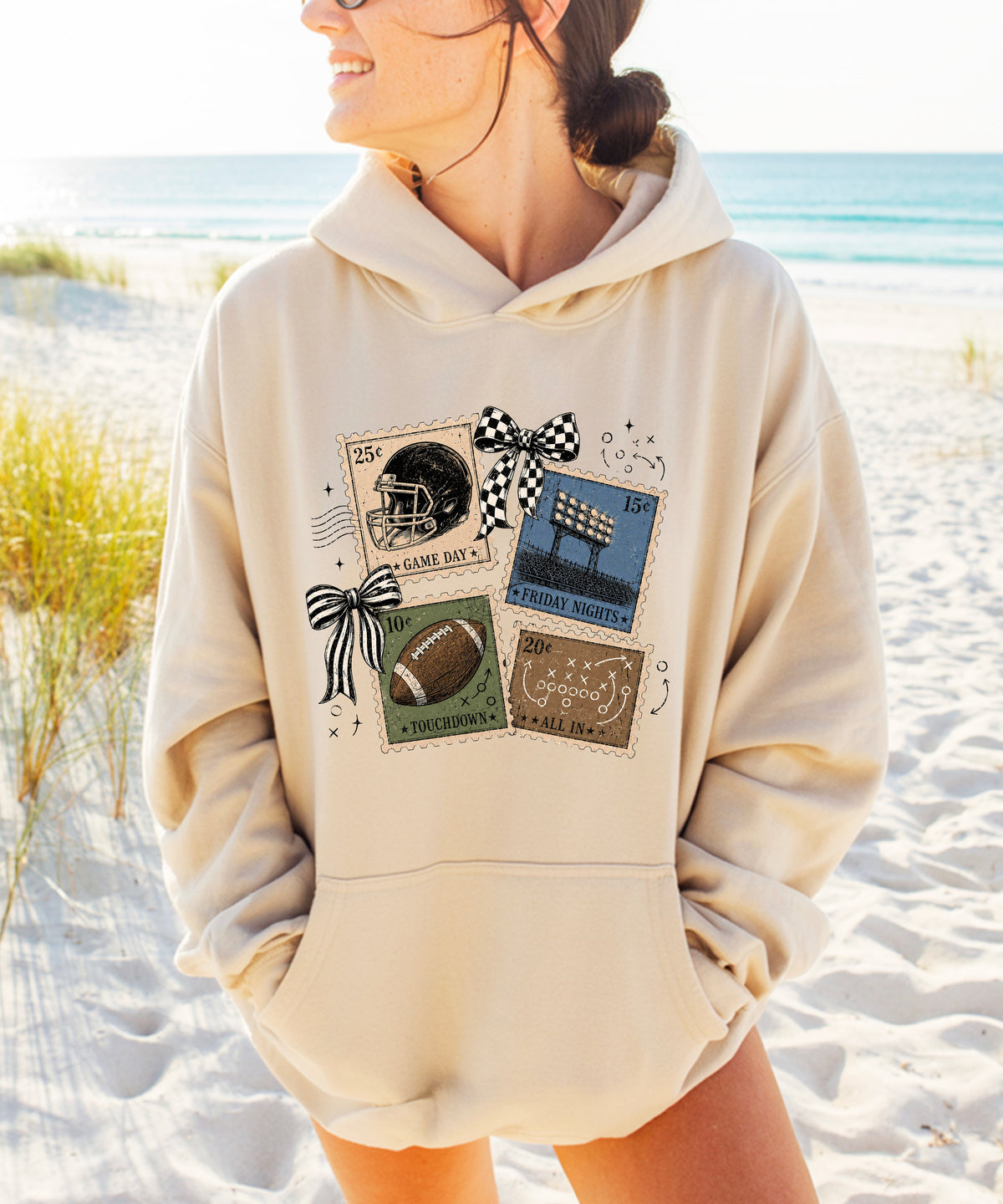 Vintage football stamps coquette bow hoodie, Sand Hoodie, view 6