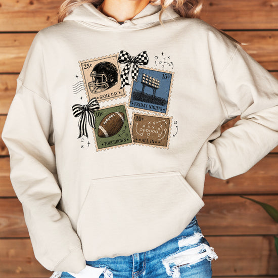 Vintage football stamps coquette bow hoodie, Sand Hoodie, view 7