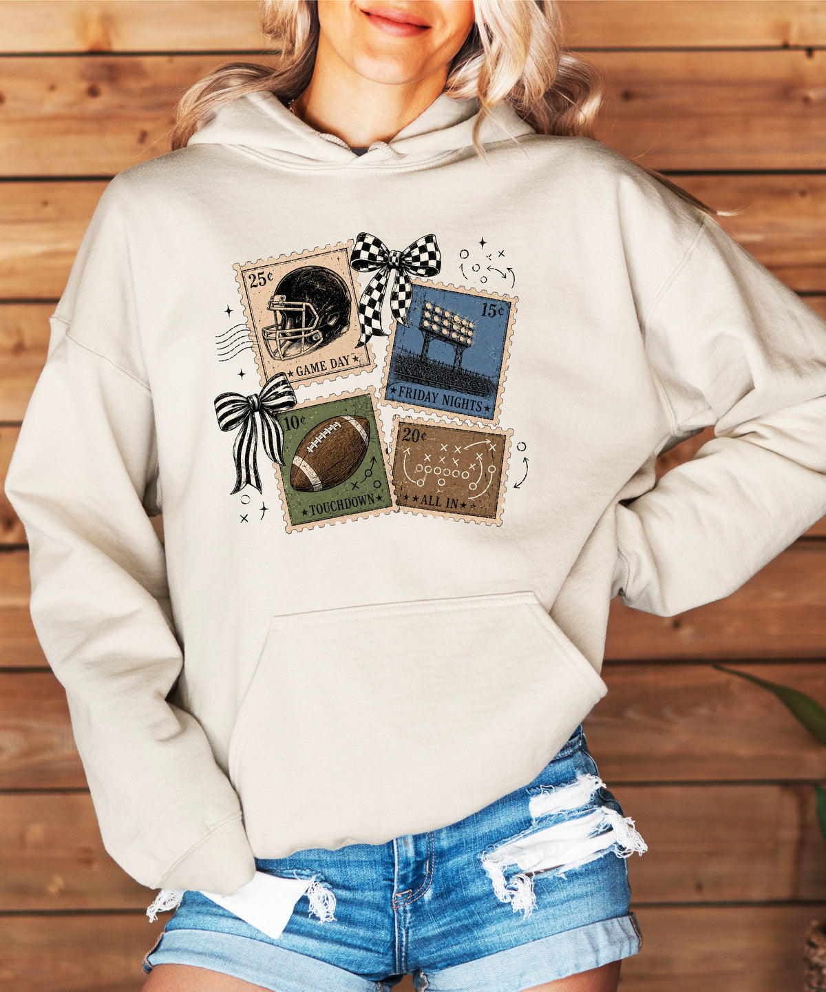 Vintage football stamps coquette bow hoodie, Sand Hoodie, view 7