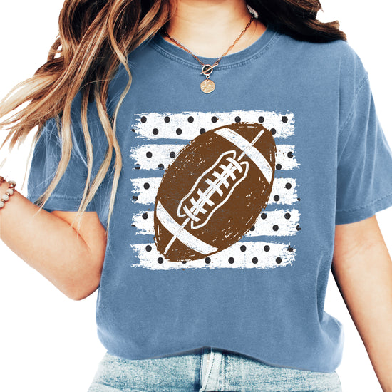 Football polka dot shirt for women, Blue Jean Comfort Colors tee, front view