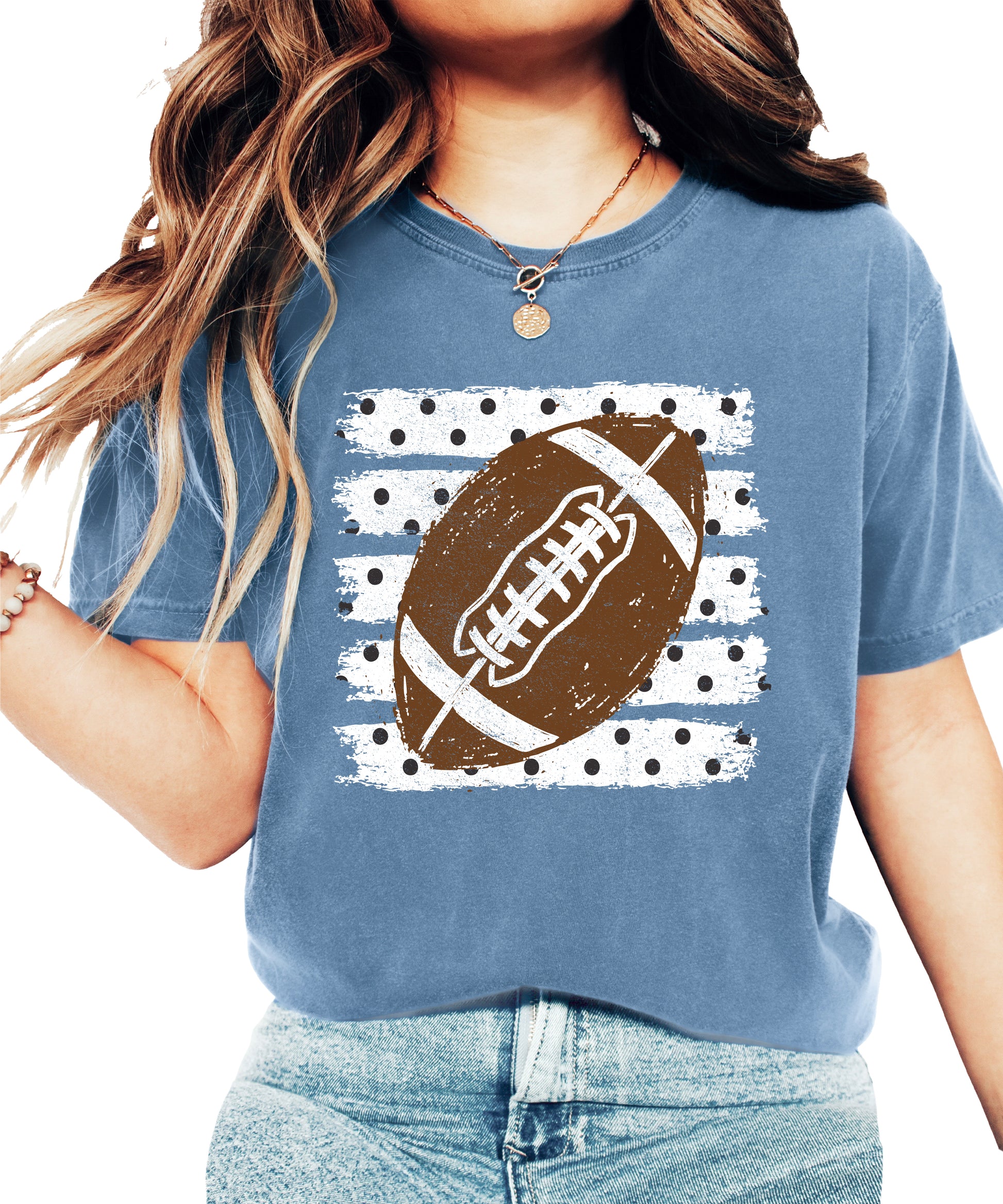 Football polka dot shirt for women, Blue Jean Comfort Colors tee, front view