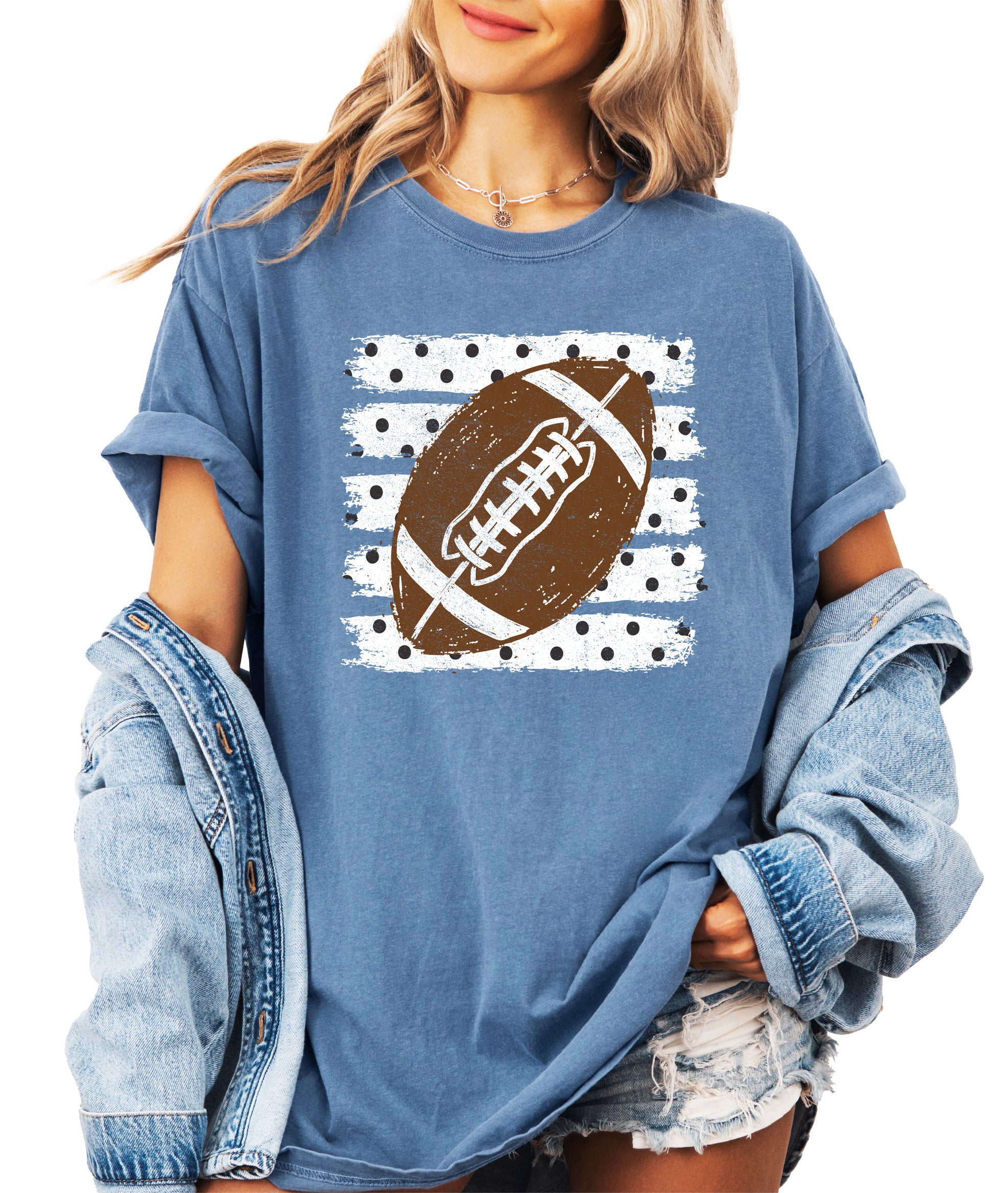 Football polka dot shirt for women, Blue Jean Comfort Colors tee, view 3