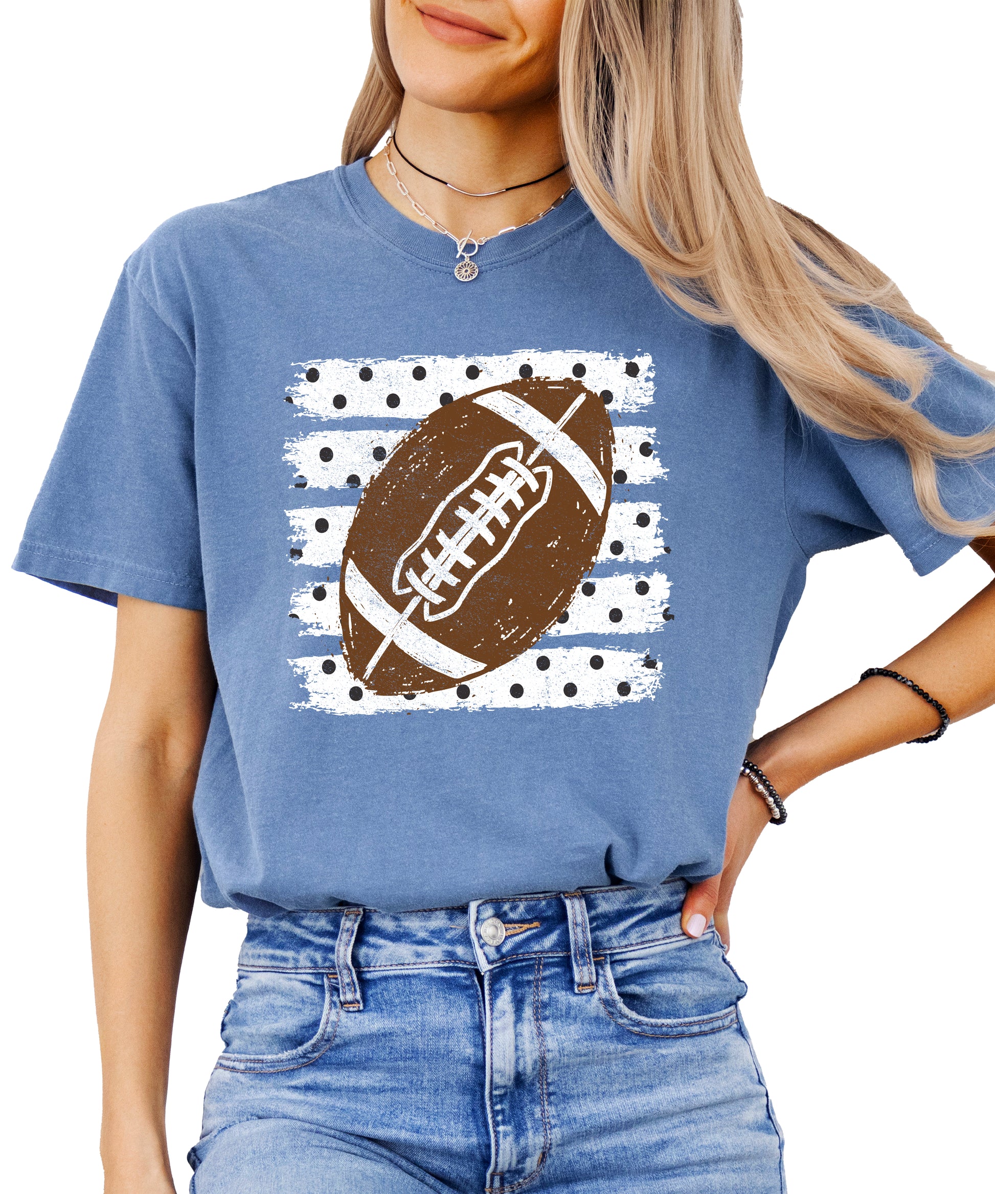 Football polka dot shirt for women, Blue Jean Comfort Colors tee, view 4