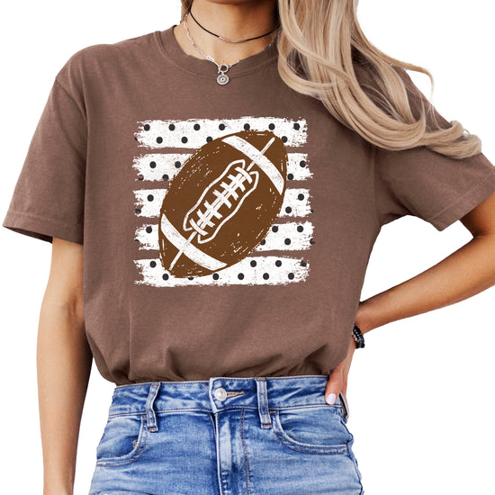 Football polka dot shirt for women, Espresso Comfort Colors tee, front view