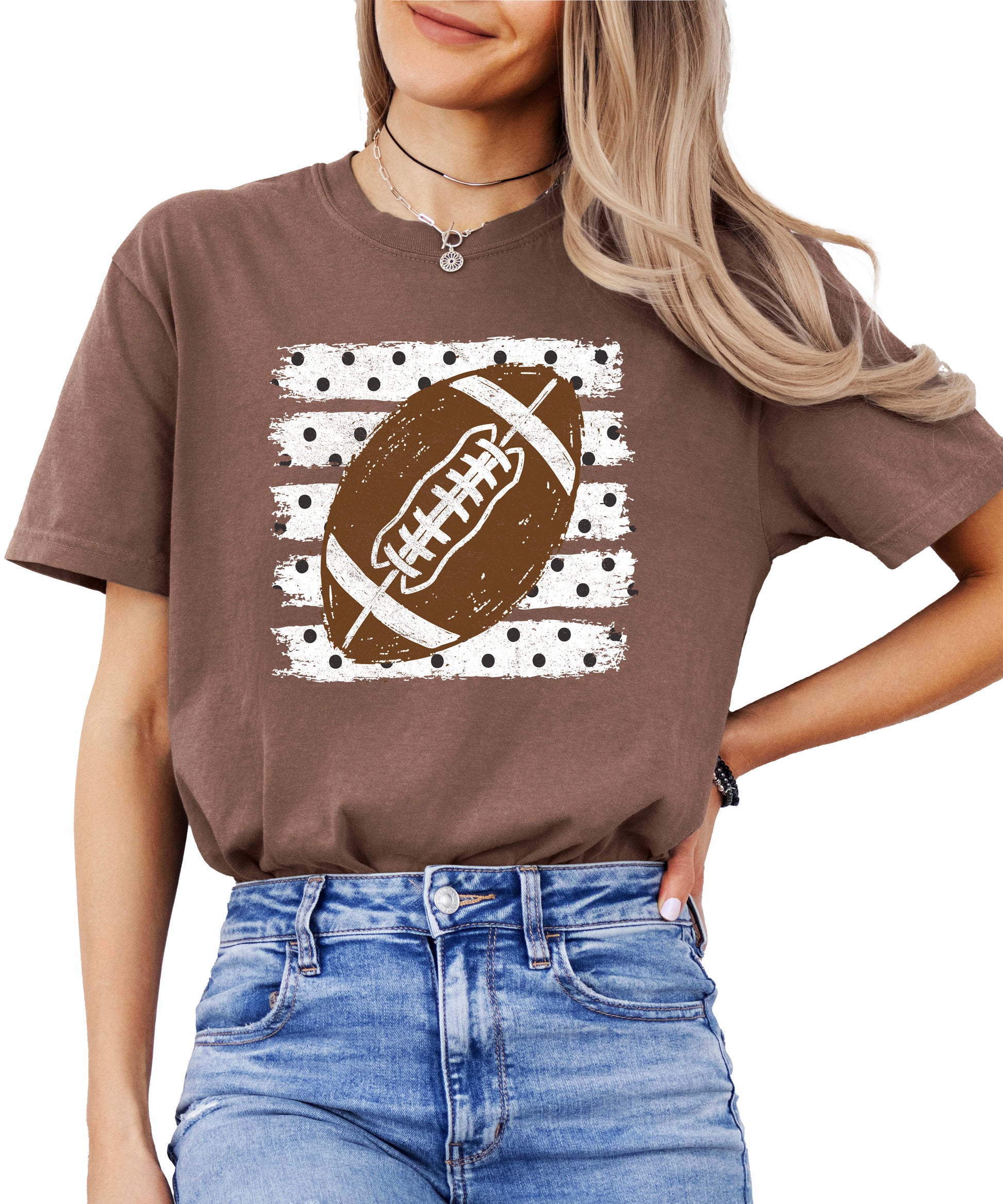 Football polka dot shirt for women, Espresso Comfort Colors tee, front view