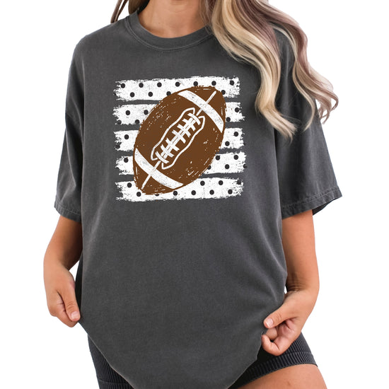 Football polka dot shirt for women, Pepper Comfort Colors tee, front view