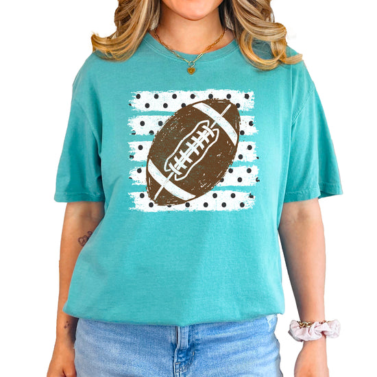 Football polka dot shirt for women, Seafoam Comfort Colors tee, front view