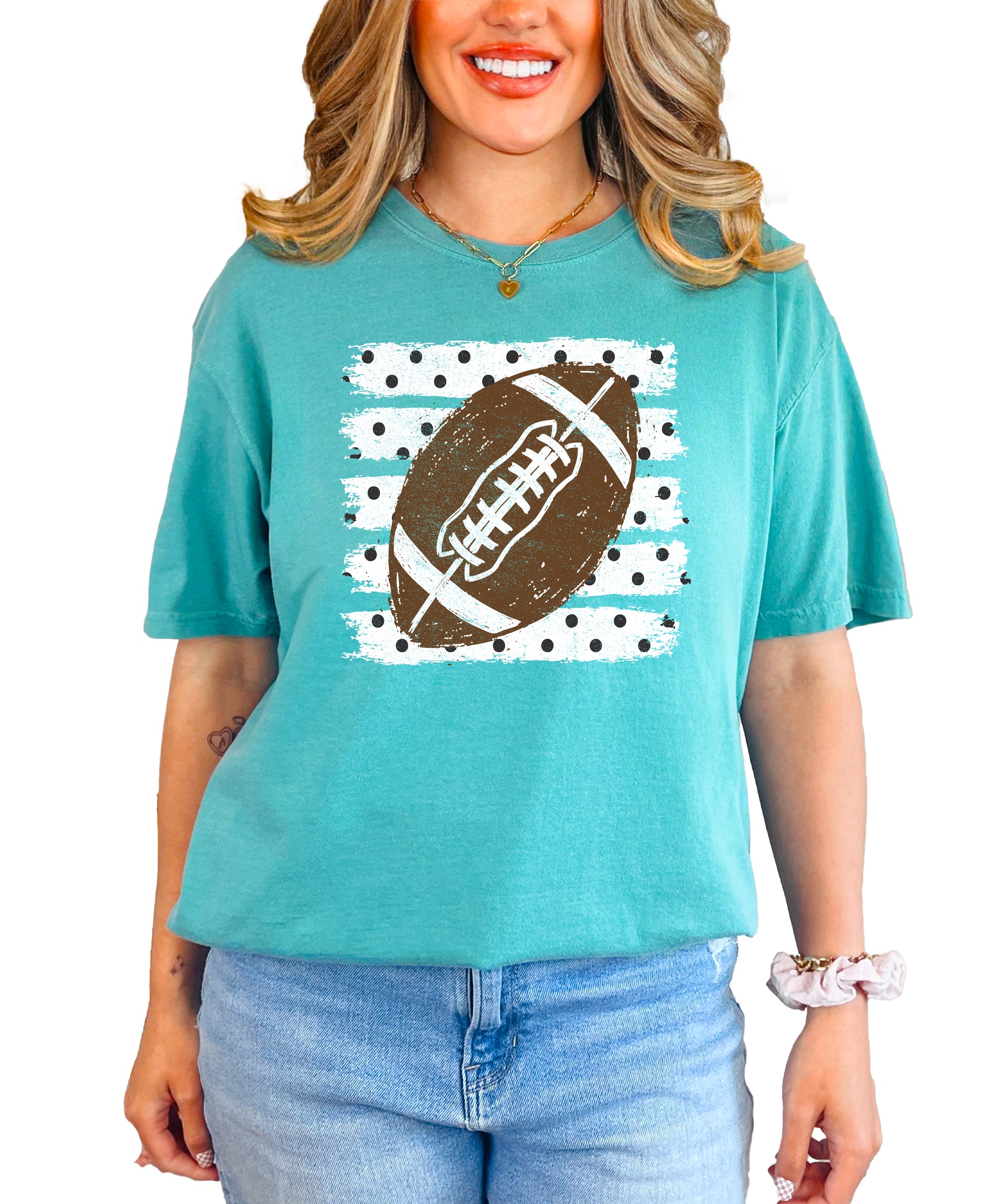 Football polka dot shirt for women, Seafoam Comfort Colors tee, front view