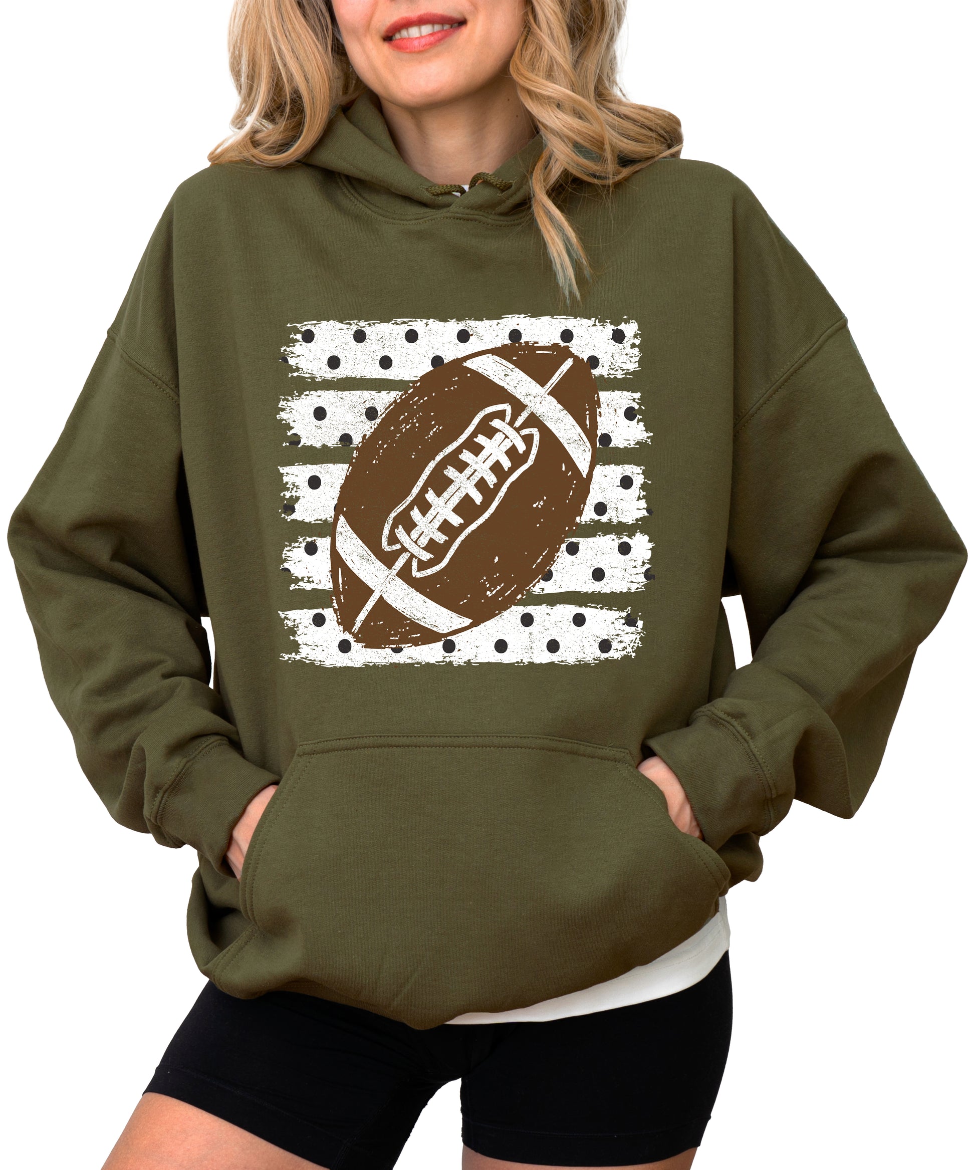 Football polka dot hoodie in Army Green, styled view
