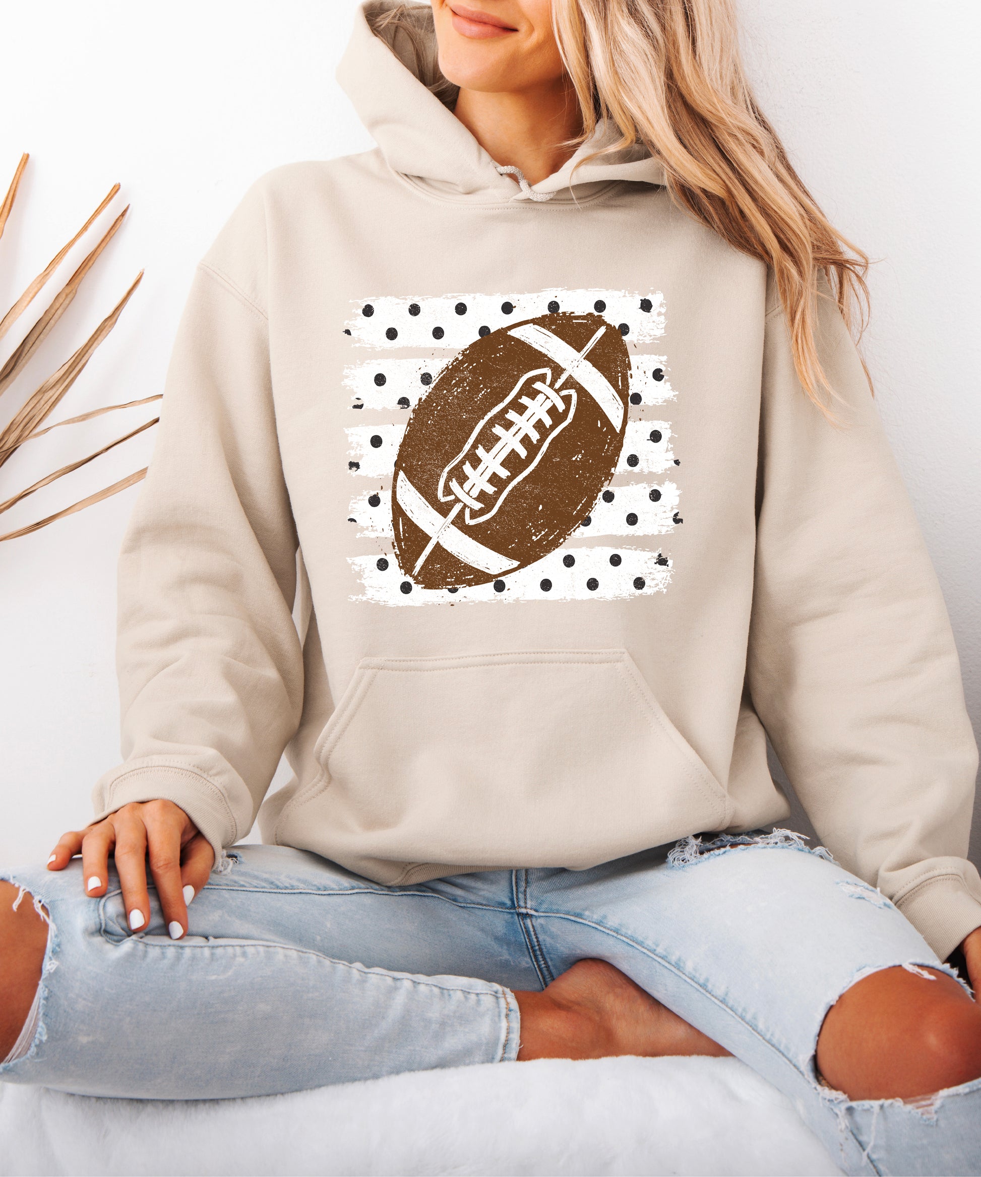 Football polka dot hoodie in Sand, styled view
