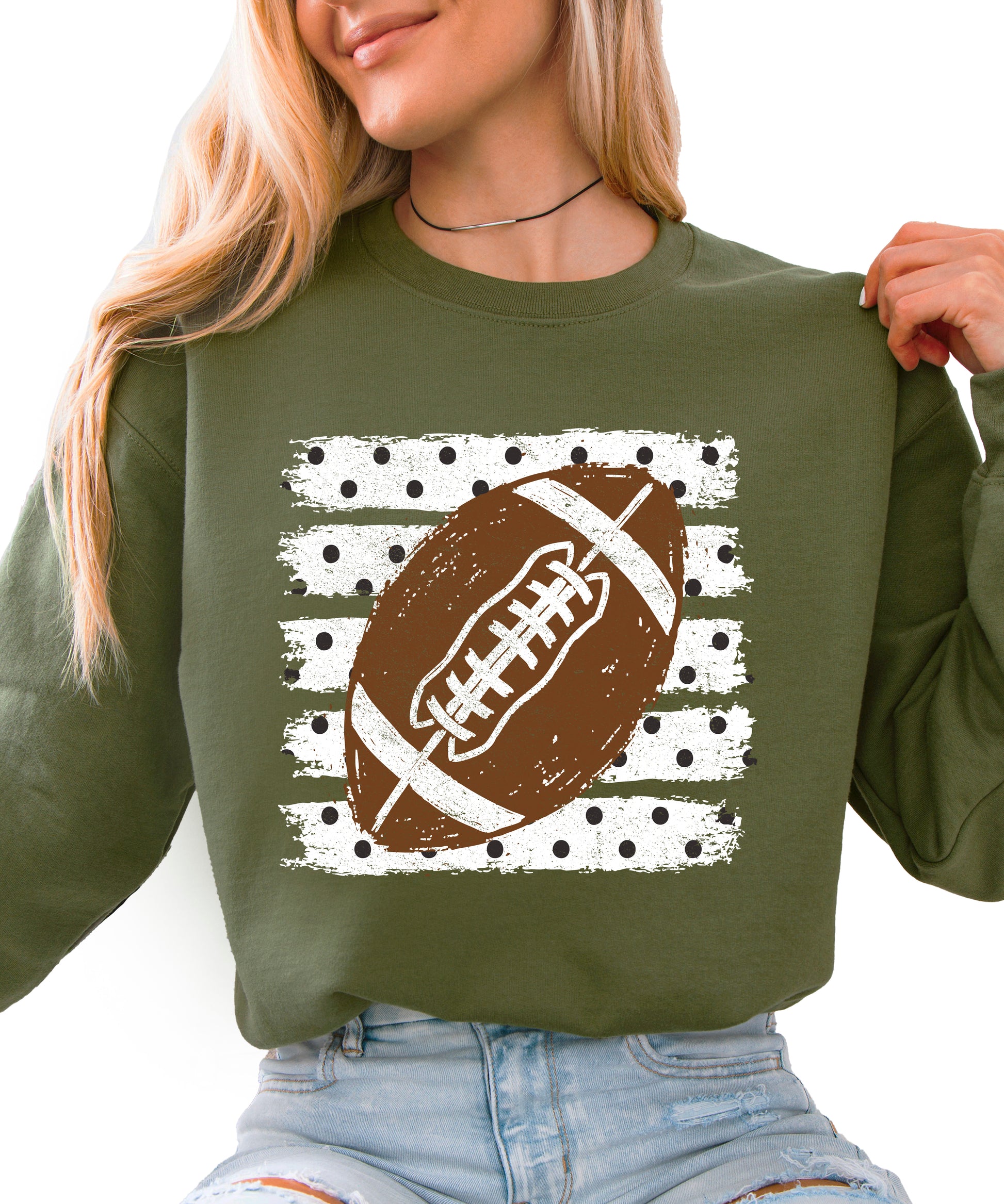 Army Green football polka dot game day crewneck sweatshirt for women, front view