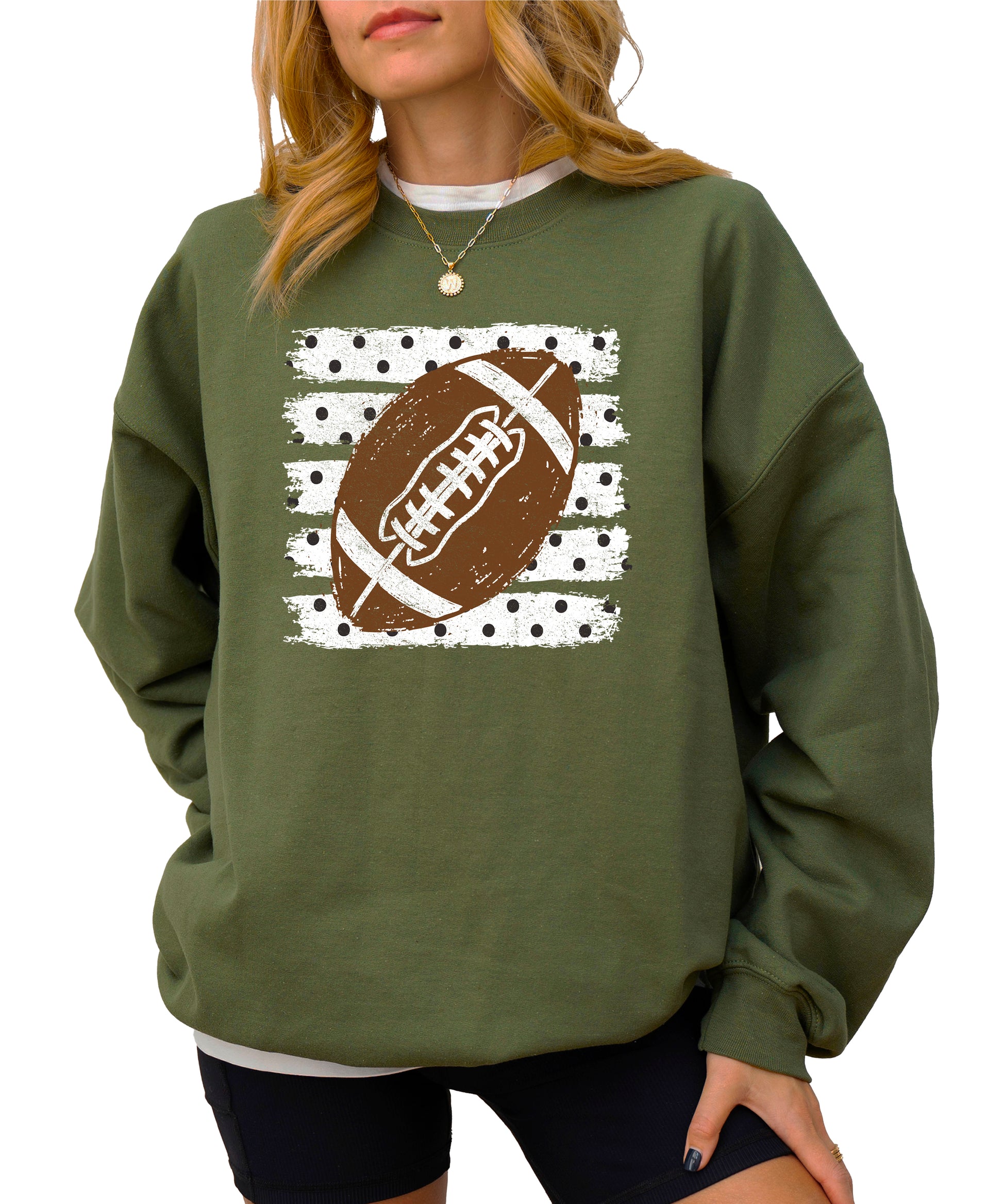 Army Green football polka dot crewneck sweatshirt, styled view