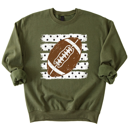 Army Green football polka dot crewneck sweatshirt, graphic close up