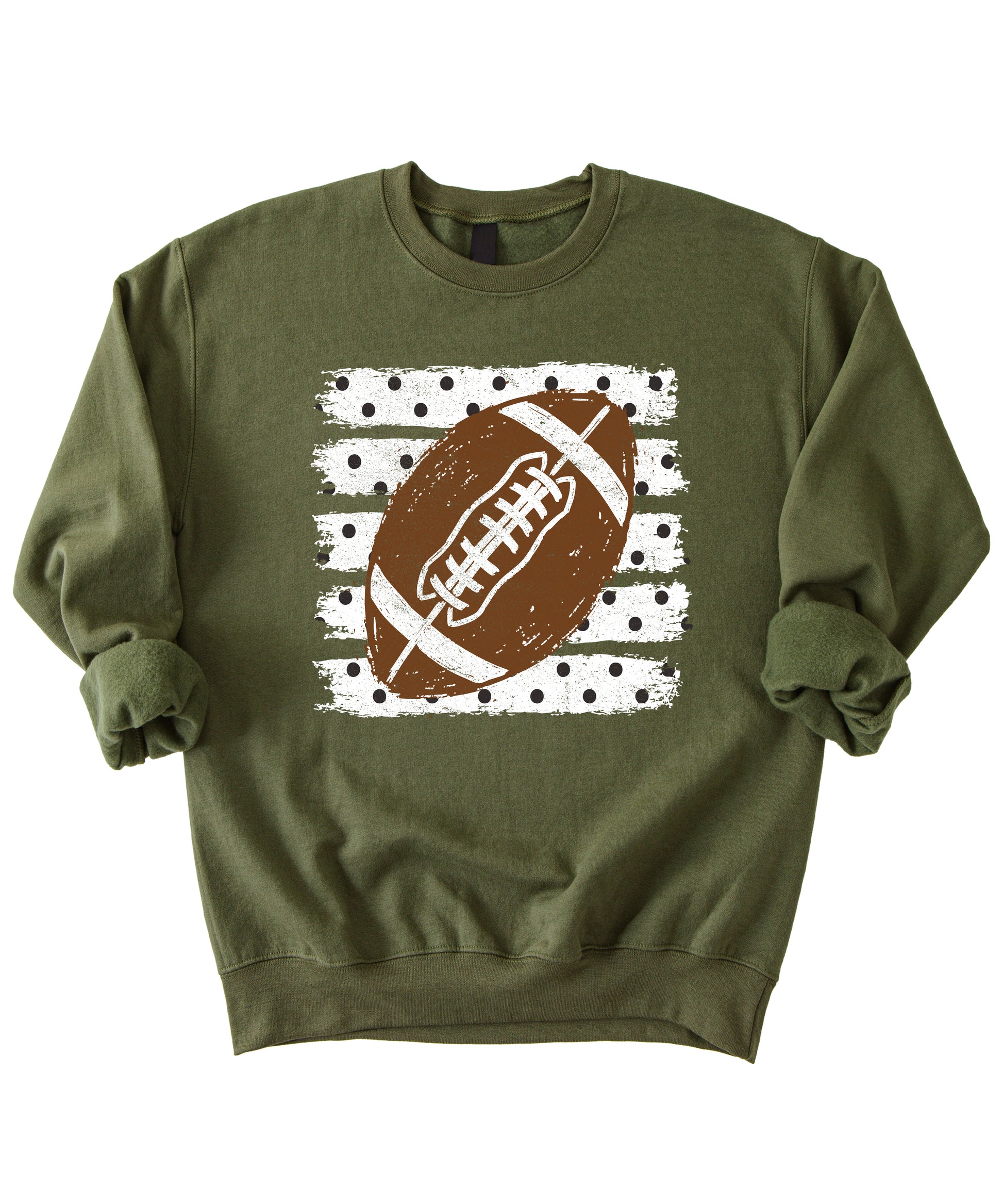 Army Green football polka dot crewneck sweatshirt, graphic close up