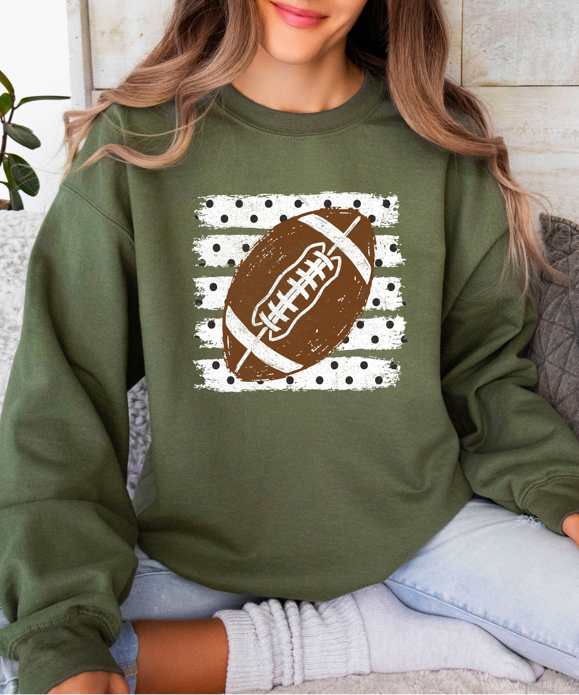 Army Green football polka dot crewneck sweatshirt, lifestyle view