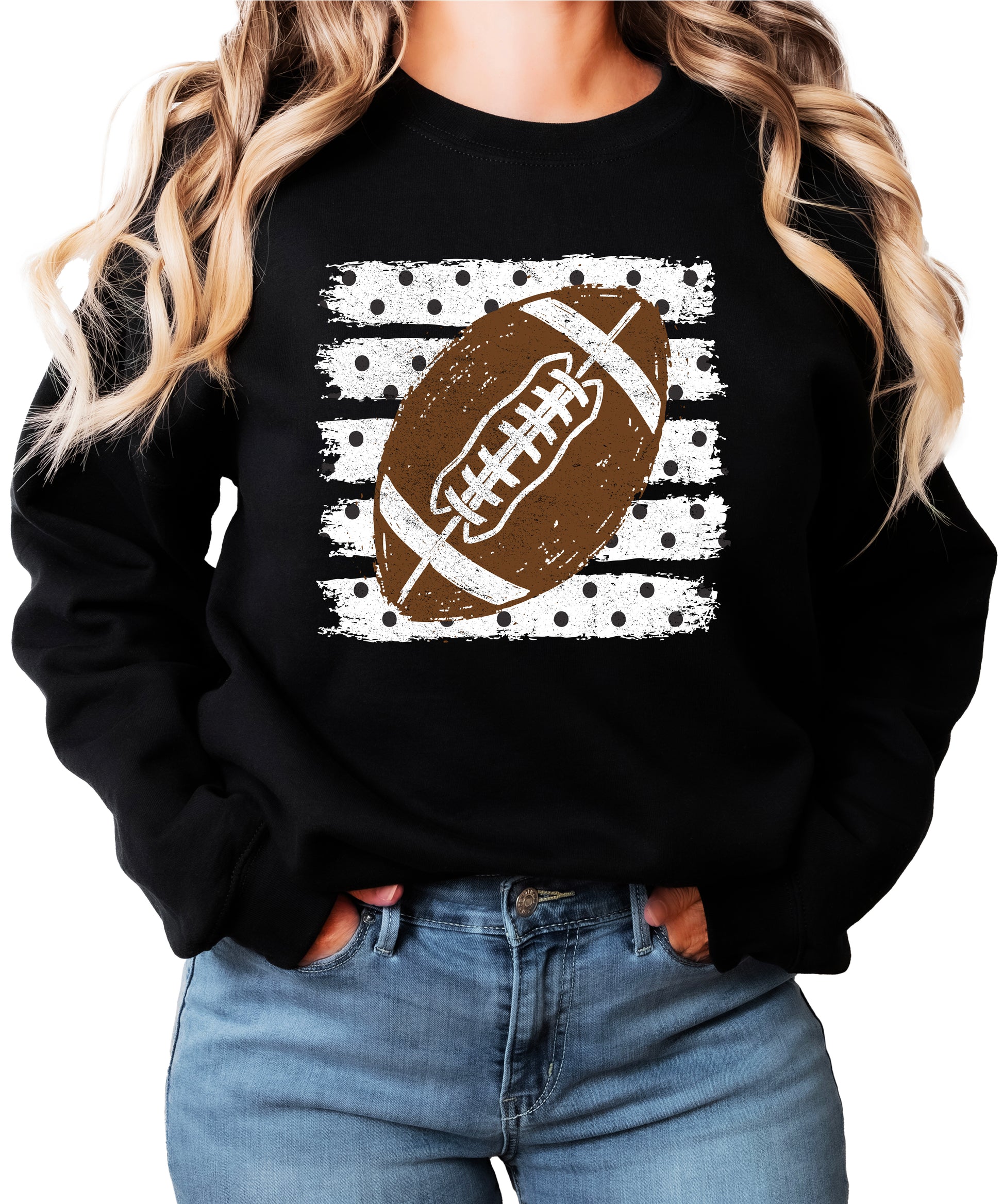 Black football polka dot game day crewneck sweatshirt for women, front view