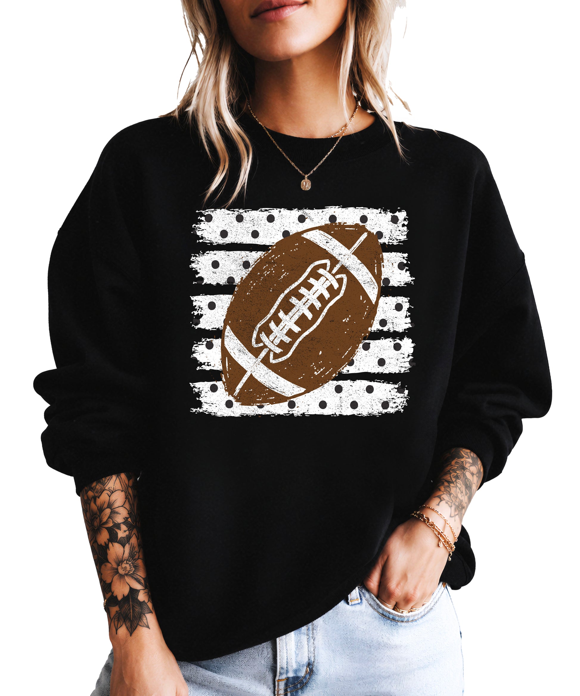 Black football polka dot crewneck sweatshirt, styled view