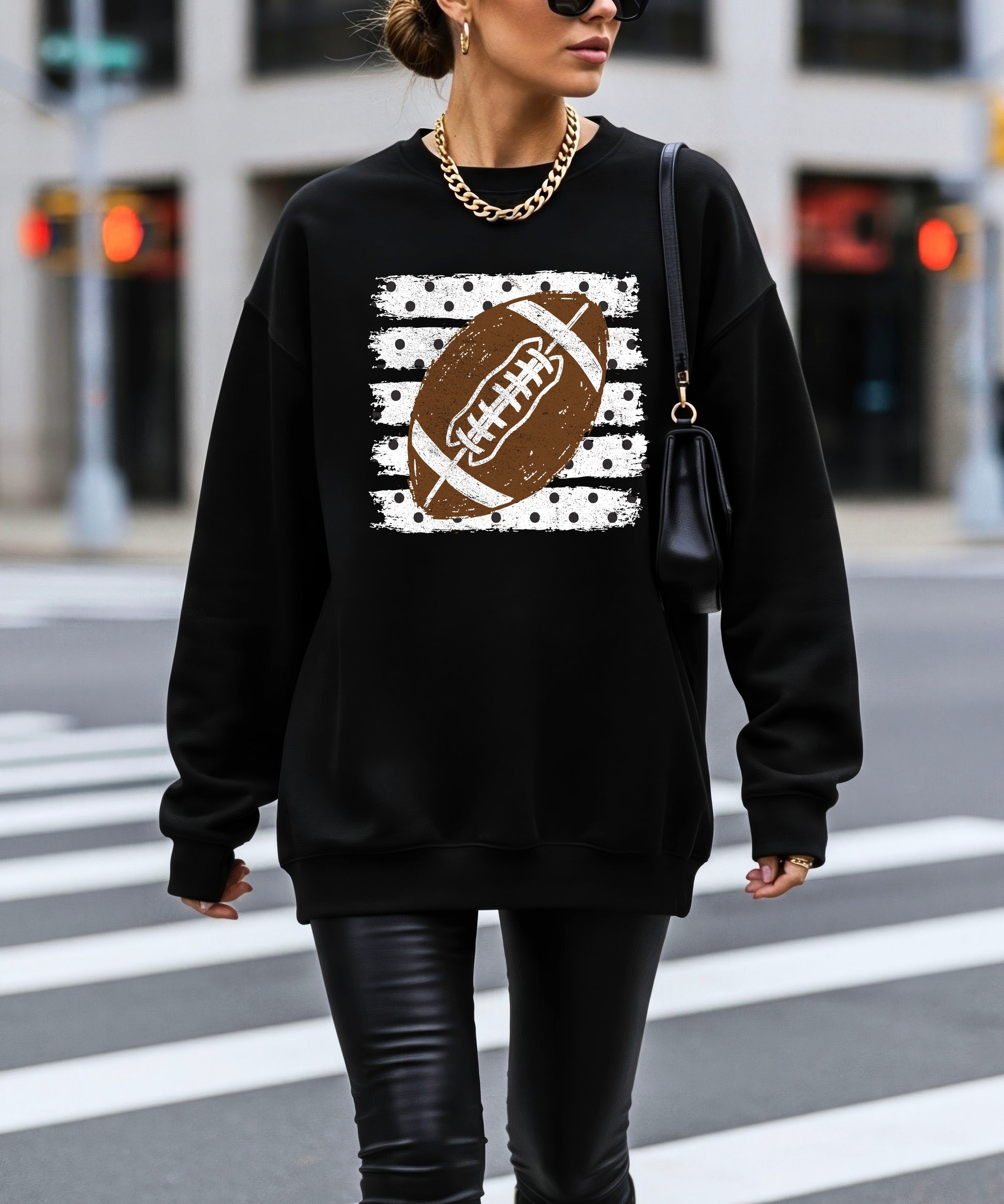 Black football polka dot crewneck sweatshirt, lifestyle view