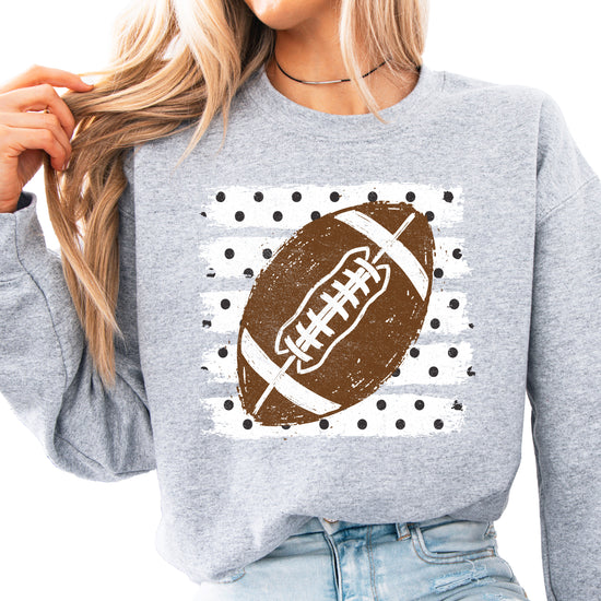 Gray football polka dot game day crewneck sweatshirt for women, front view