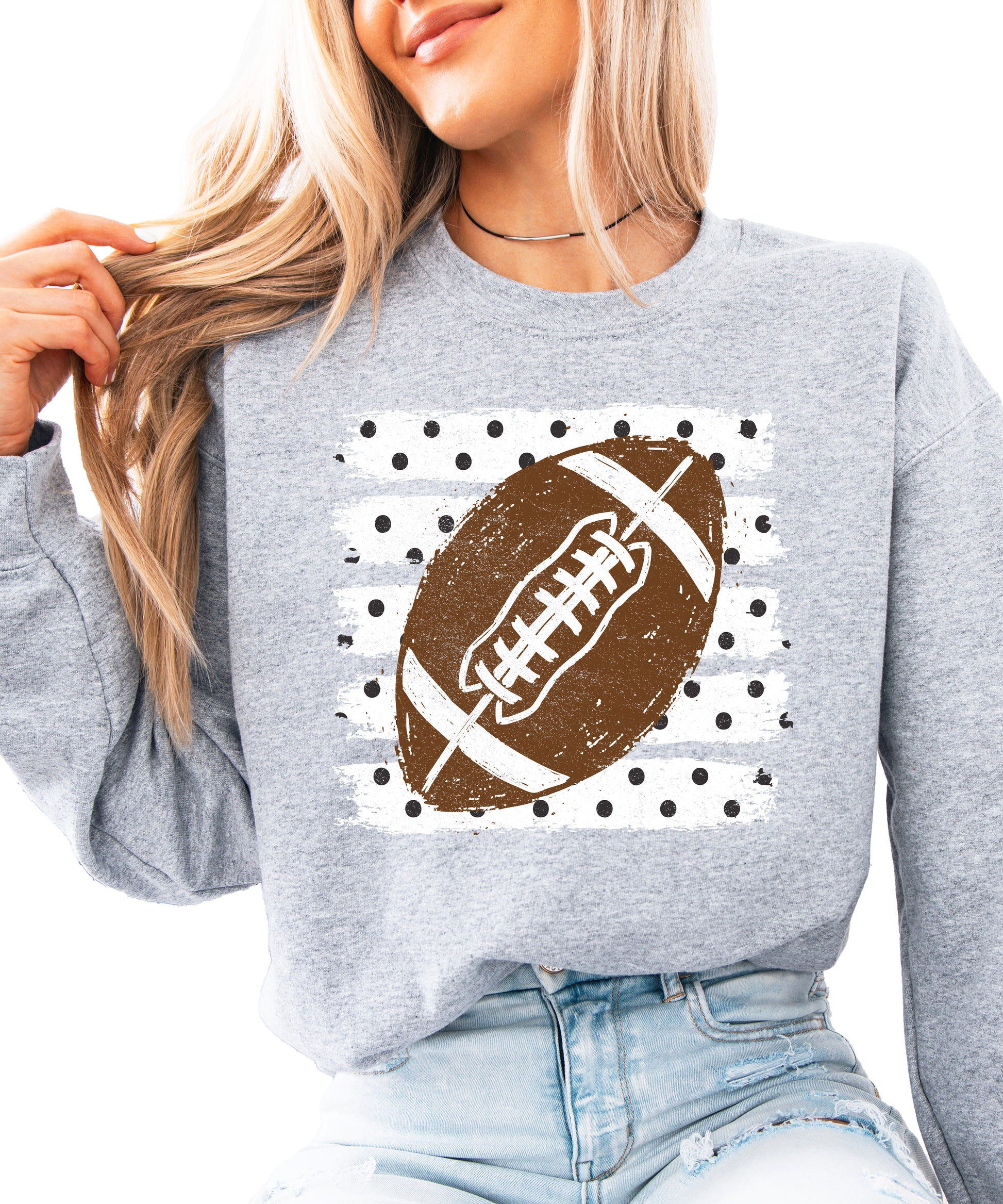 Gray football polka dot game day crewneck sweatshirt for women, front view