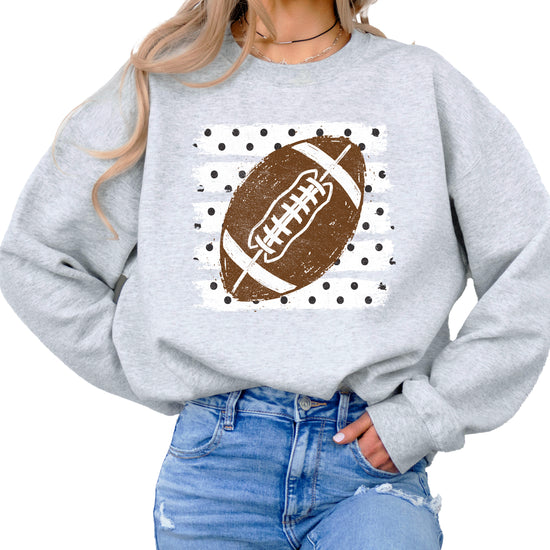 Gray football polka dot crewneck sweatshirt, styled view