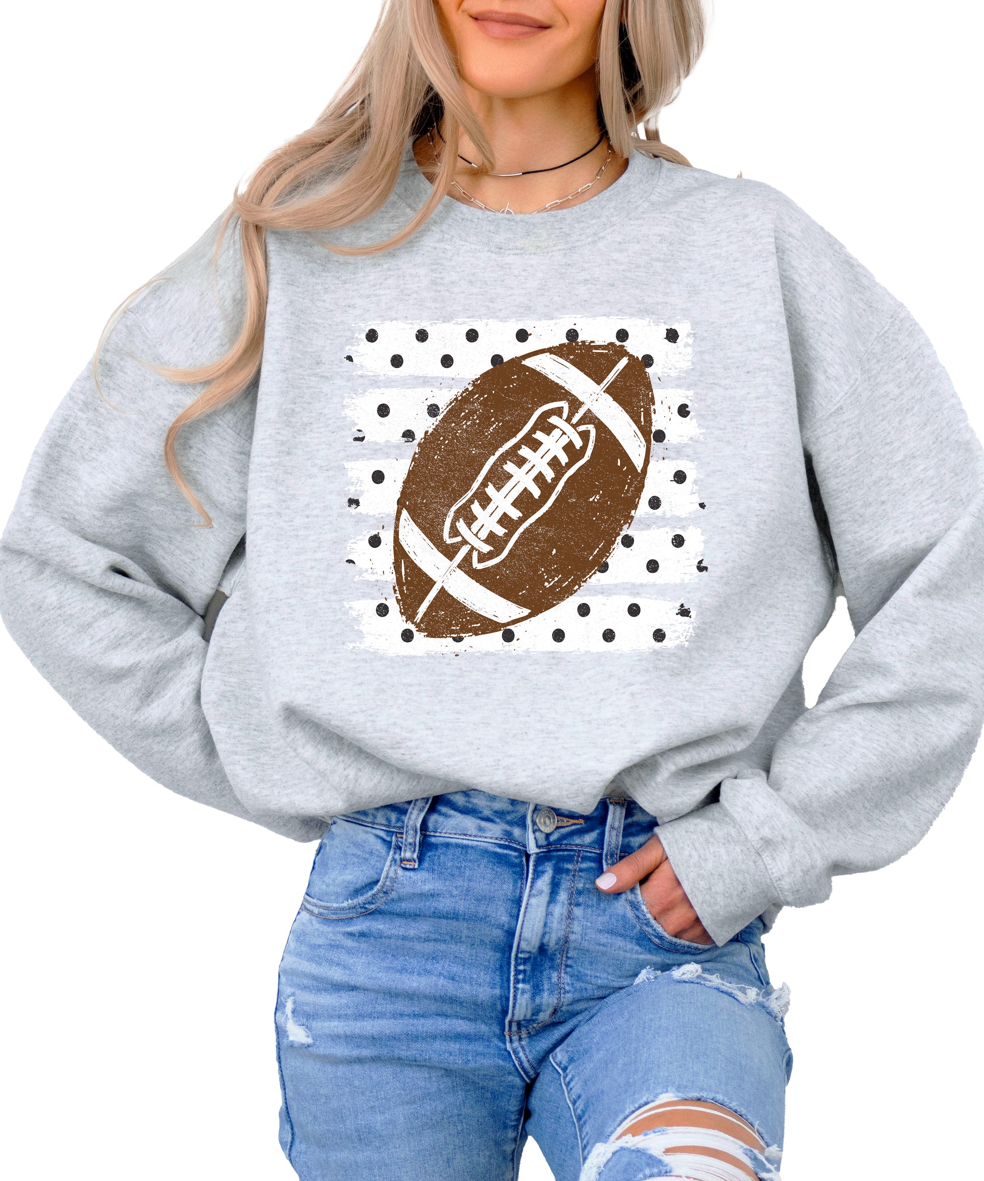 Gray football polka dot crewneck sweatshirt, styled view