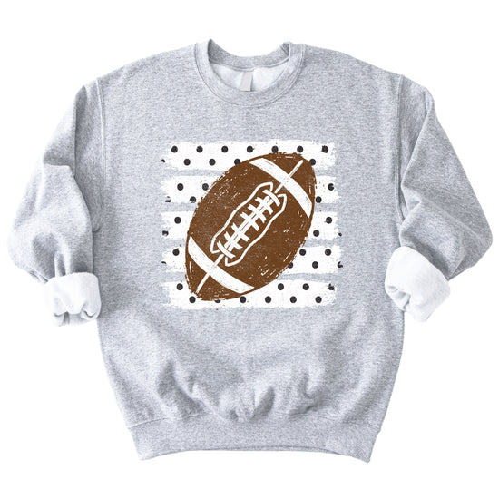 Gray football polka dot crewneck sweatshirt, graphic close up