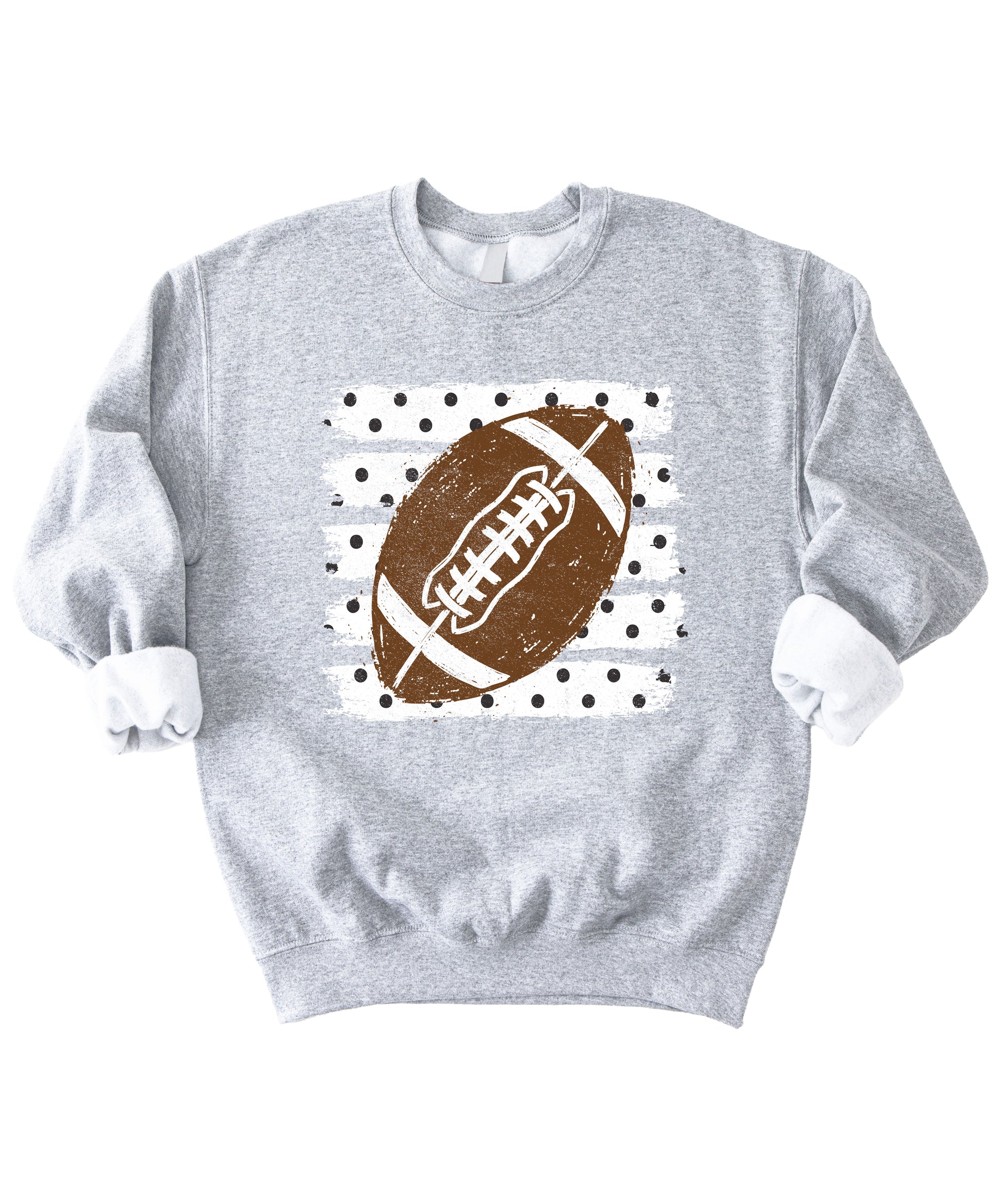 Gray football polka dot crewneck sweatshirt, graphic close up