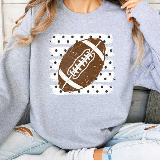 Gray football polka dot crewneck sweatshirt, lifestyle view
