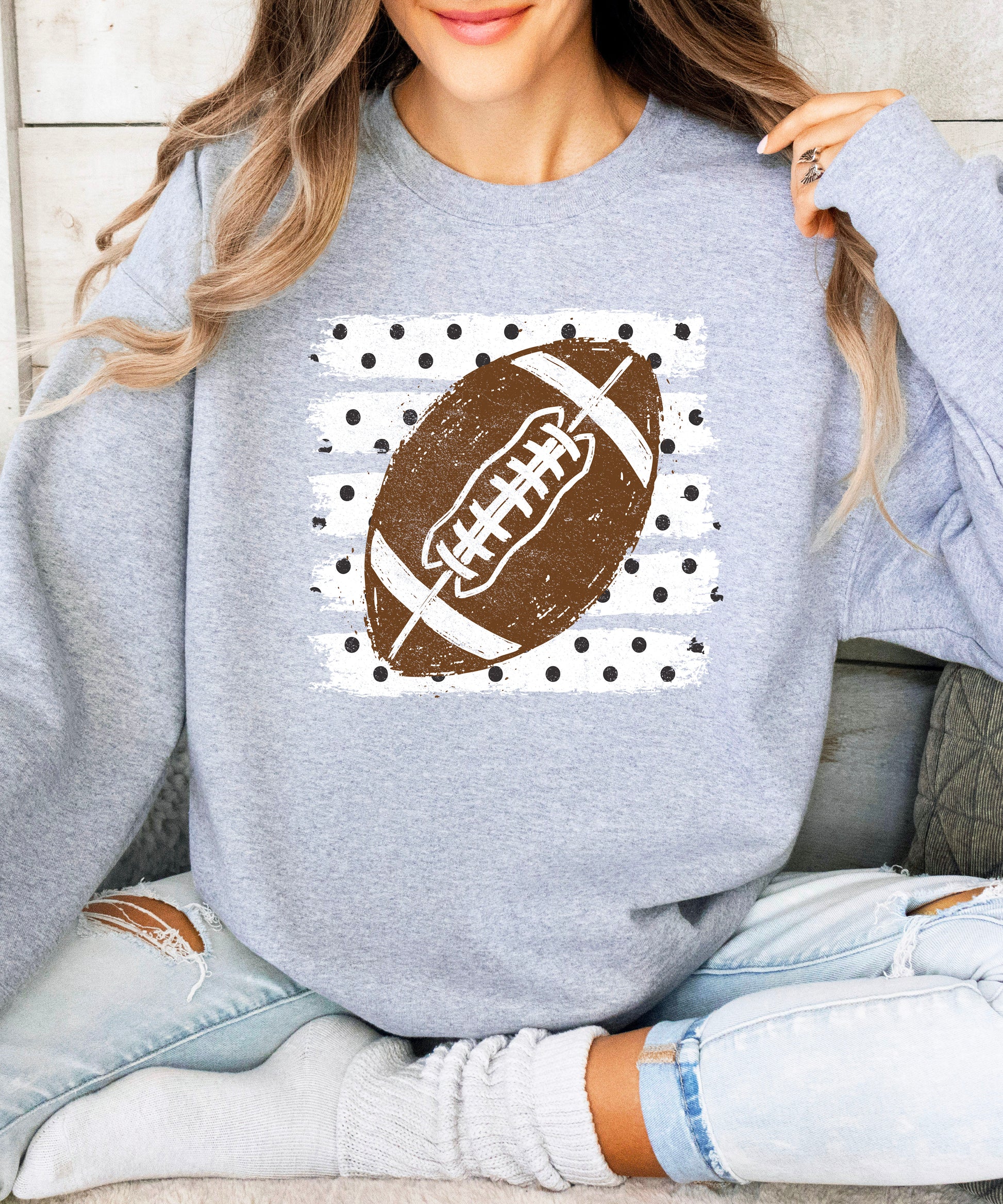 Gray football polka dot crewneck sweatshirt, lifestyle view
