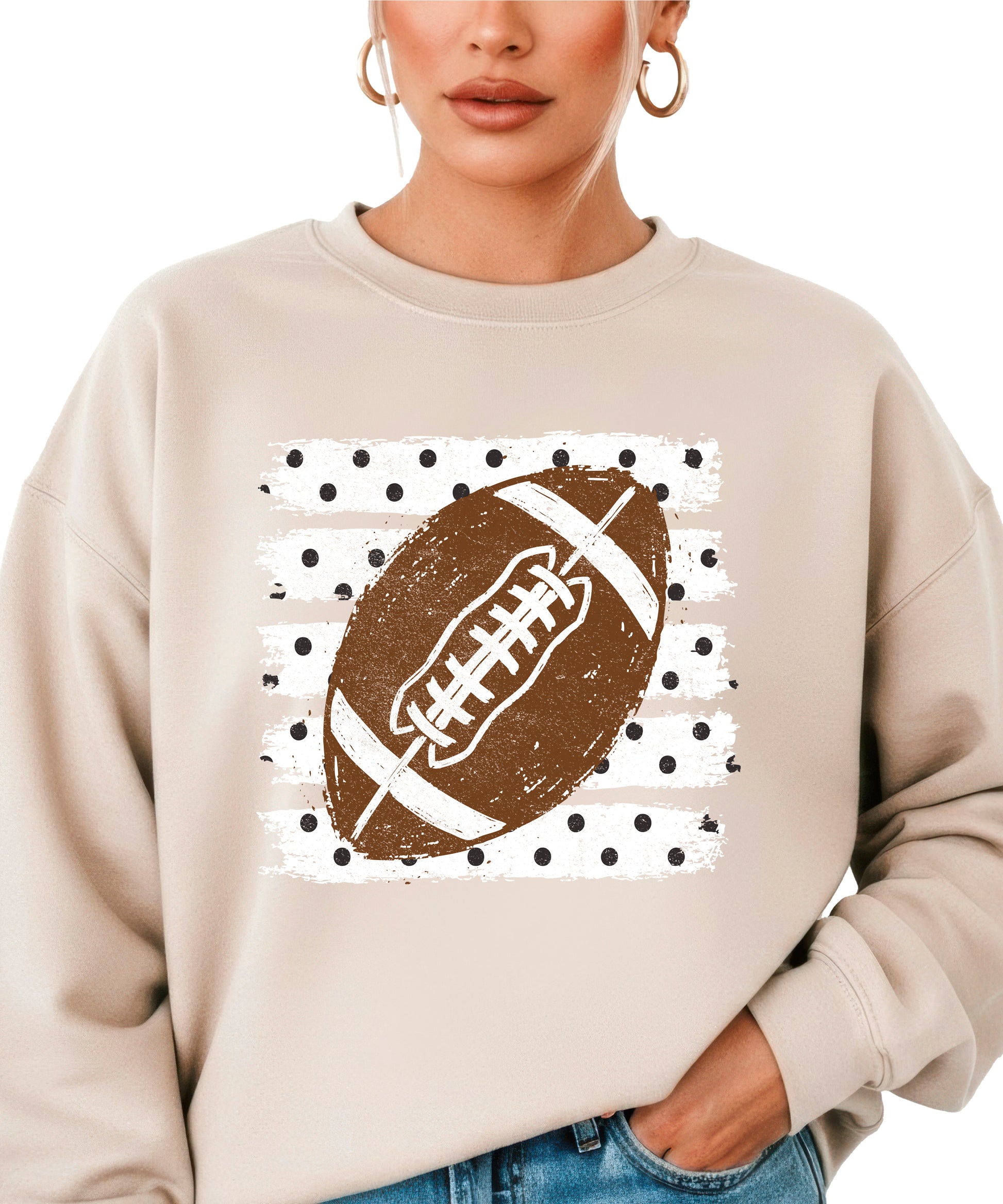 Sand football polka dot game day crewneck sweatshirt for women, front view
