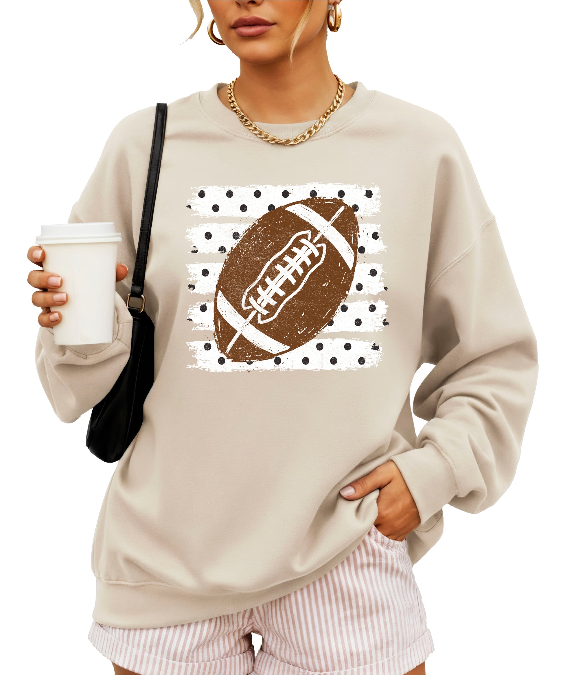 Sand football polka dot crewneck sweatshirt, styled view