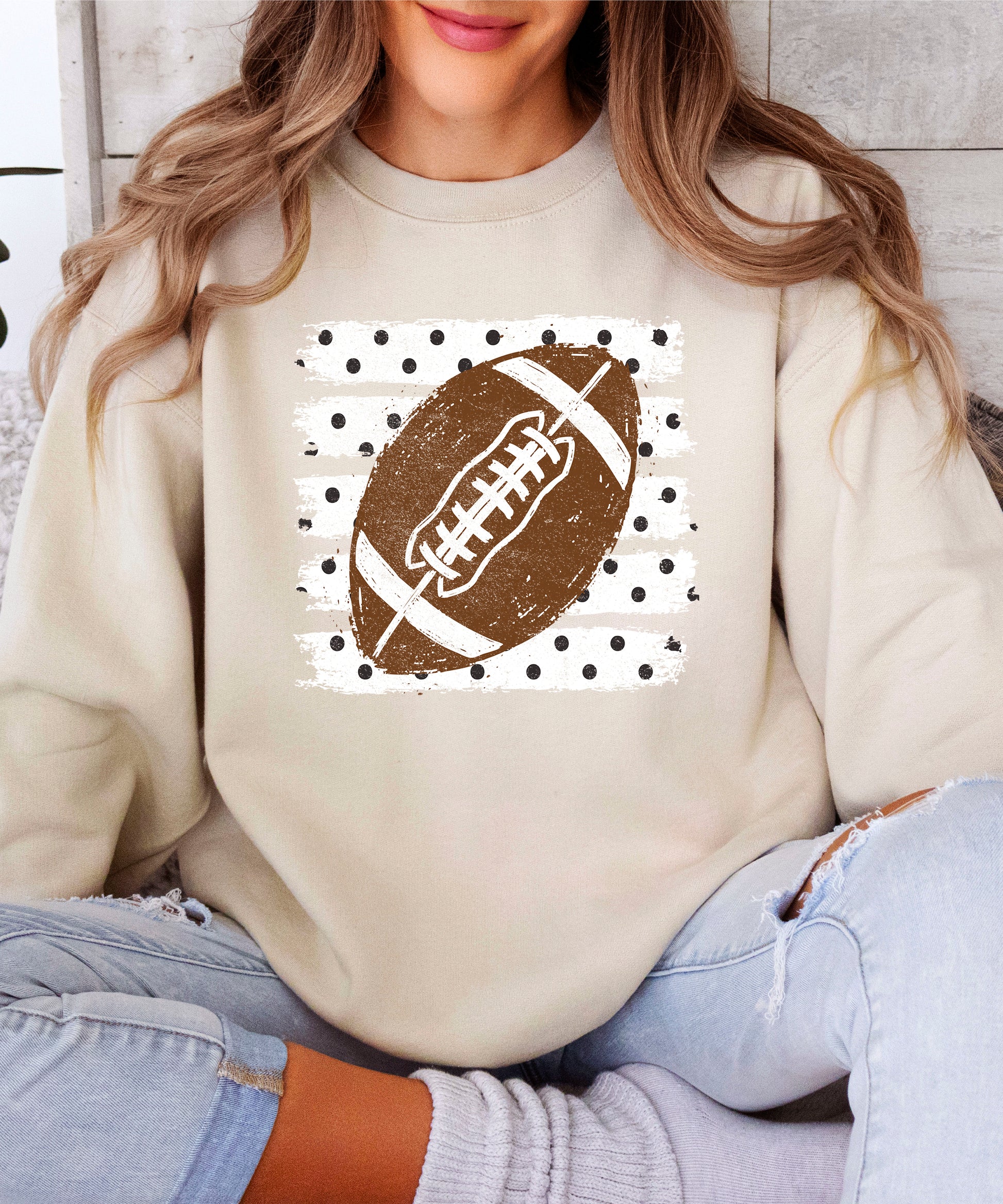 Sand football polka dot crewneck sweatshirt, lifestyle view
