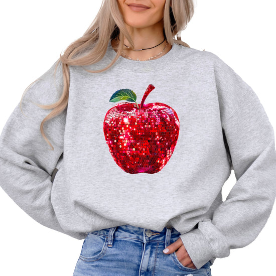 Red disco apple faux glitter sweatshirt for women and teachers, gray sweatshirt, front view