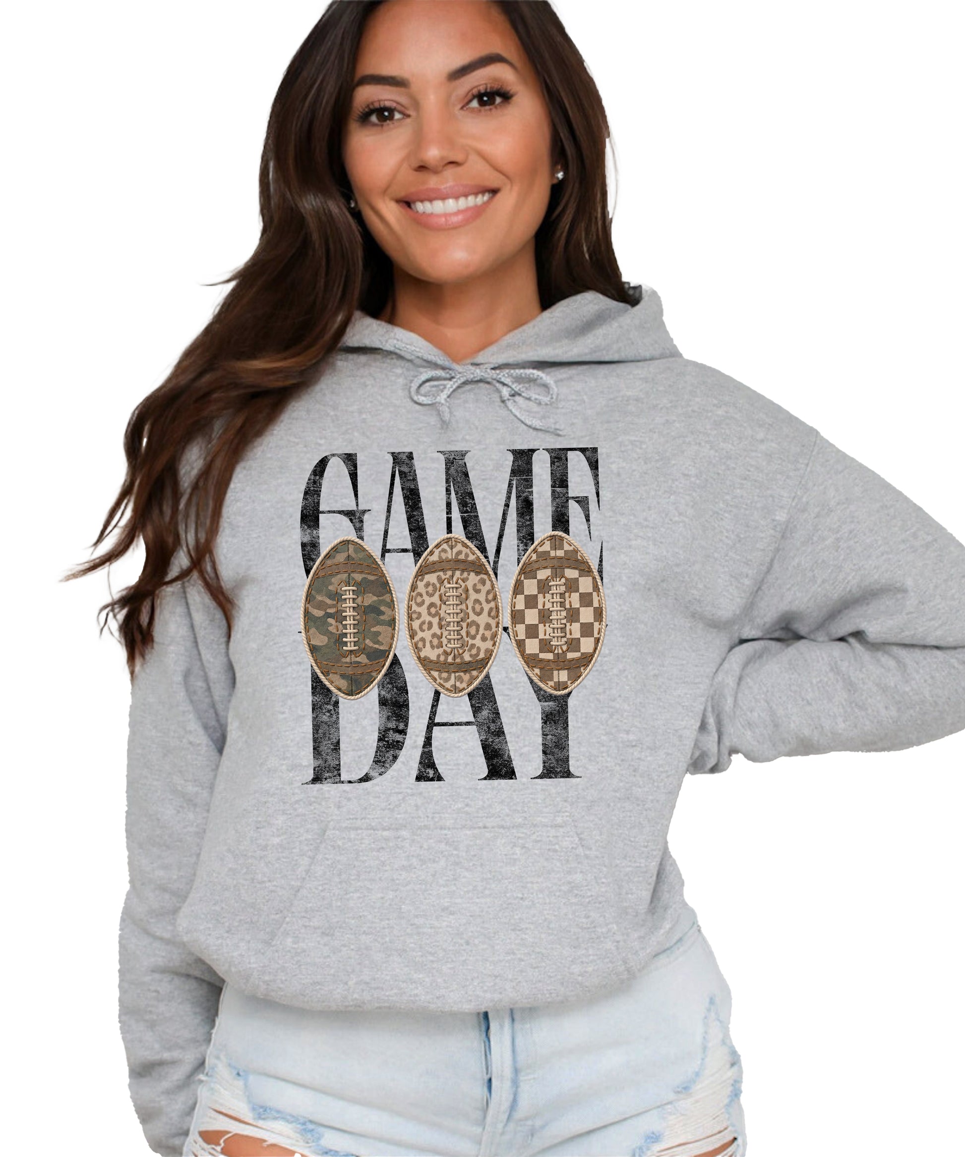Game Day football hoodie for women in Gray with camo leopard checkered footballs, front view