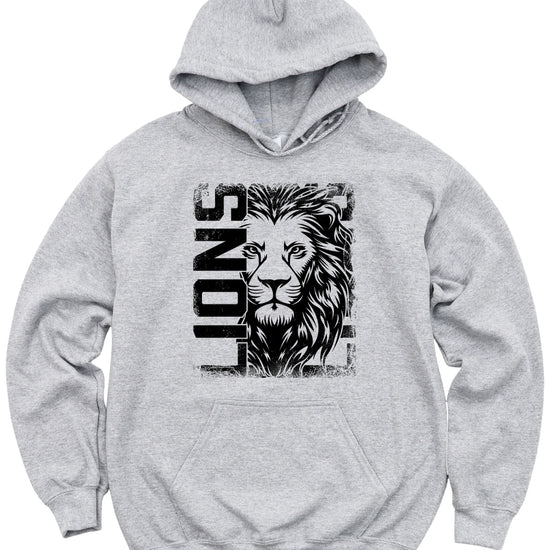 Lions School Spirit hoodie in Gray - distressed lion mascot game day pullover sweatshirt, view 1