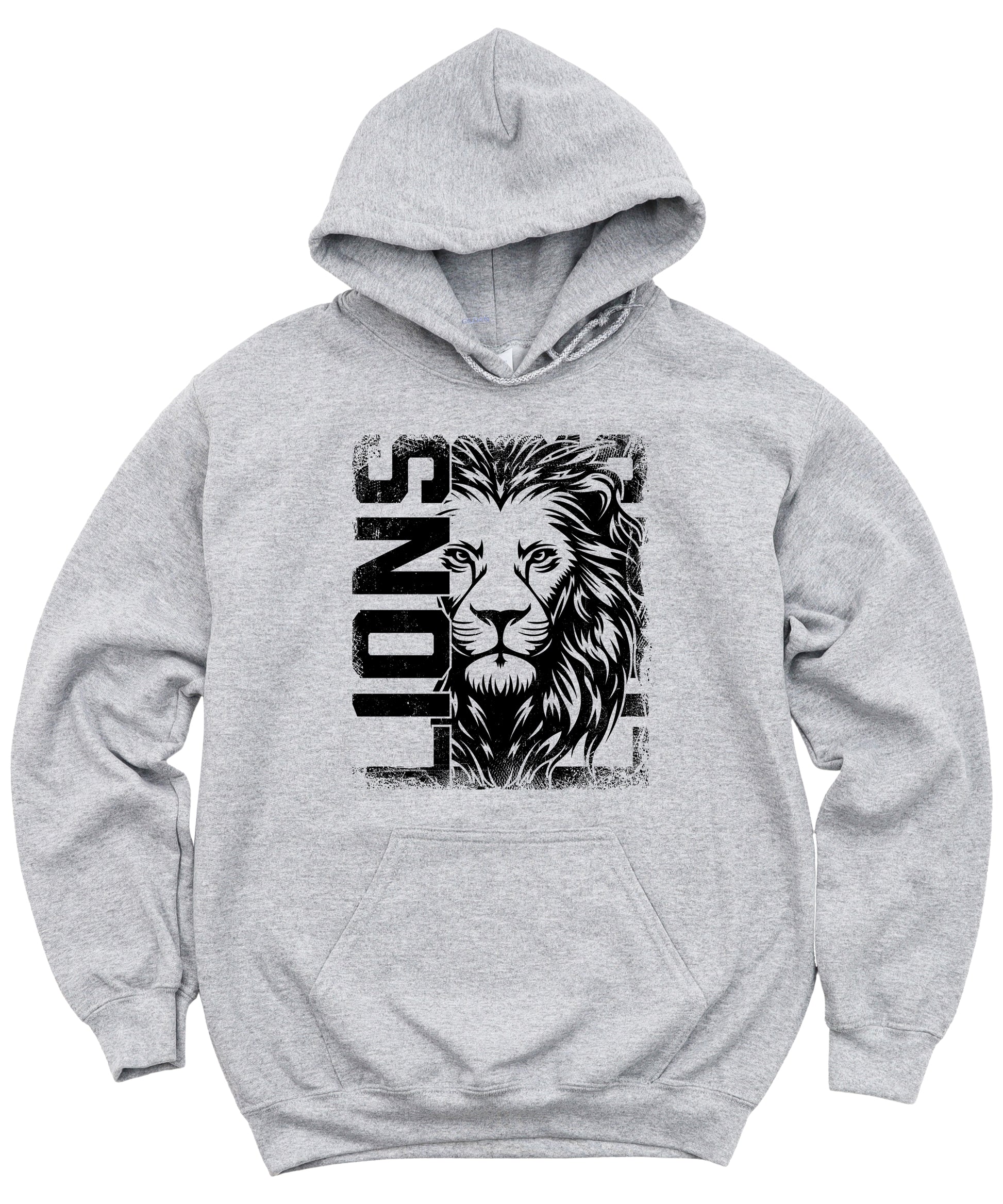 Lions School Spirit hoodie in Gray - distressed lion mascot game day pullover sweatshirt, view 1