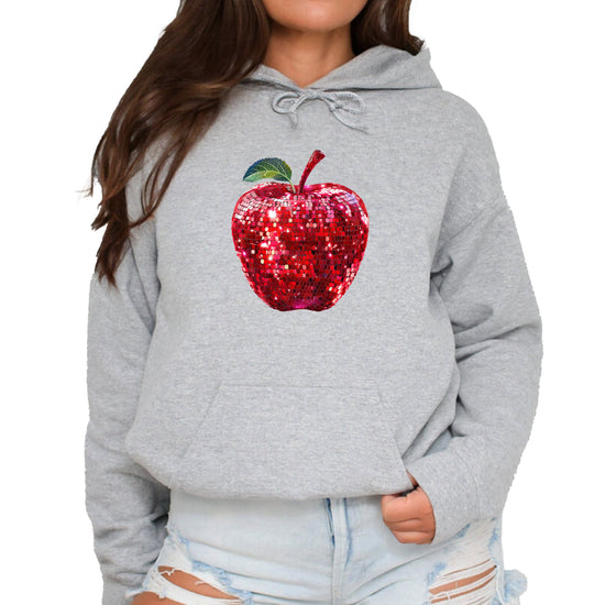 Gray glitter red disco apple hoodie for women front view