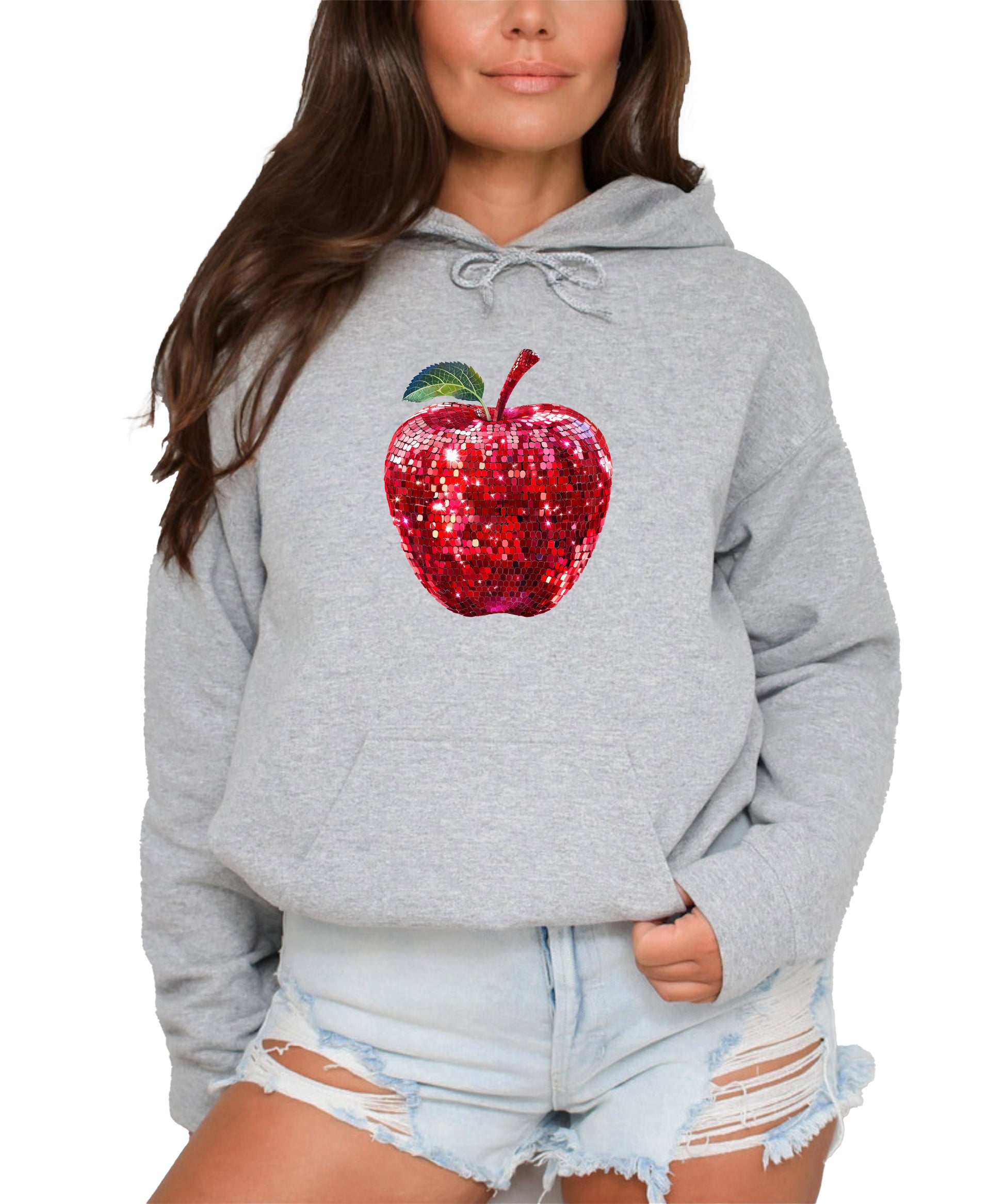 Gray glitter red disco apple hoodie for women front view
