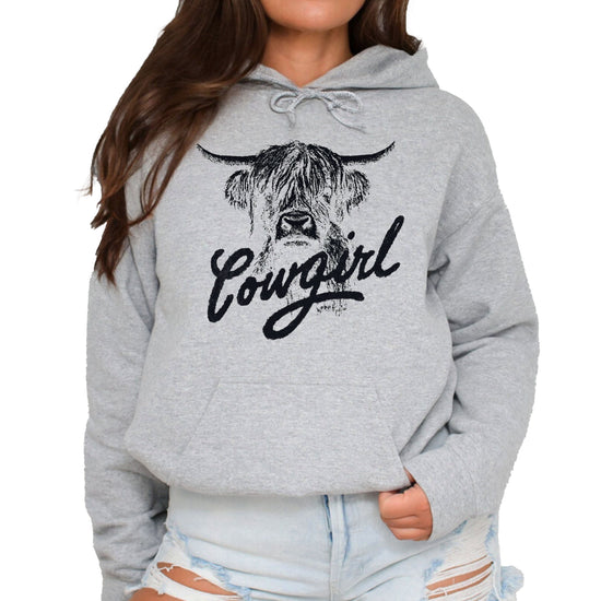 Cowgirl Highland Cow Hoodie - Gray Hoodie - Olive Loves Apple