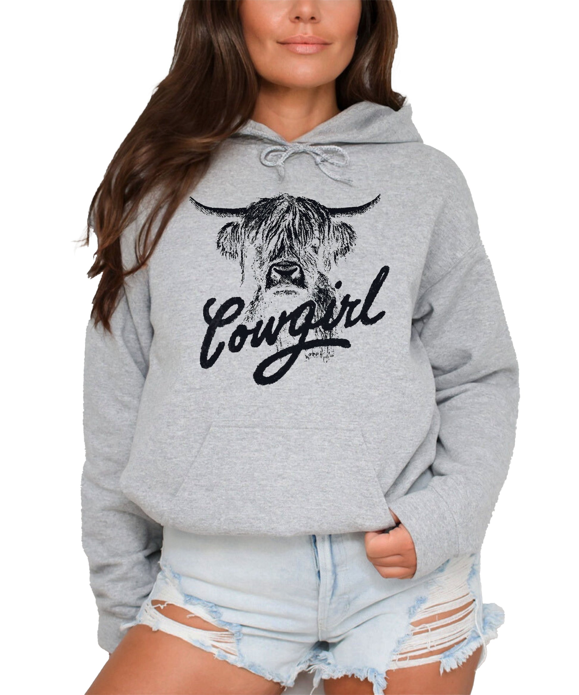 Cowgirl Highland Cow Hoodie - Gray Hoodie - Olive Loves Apple