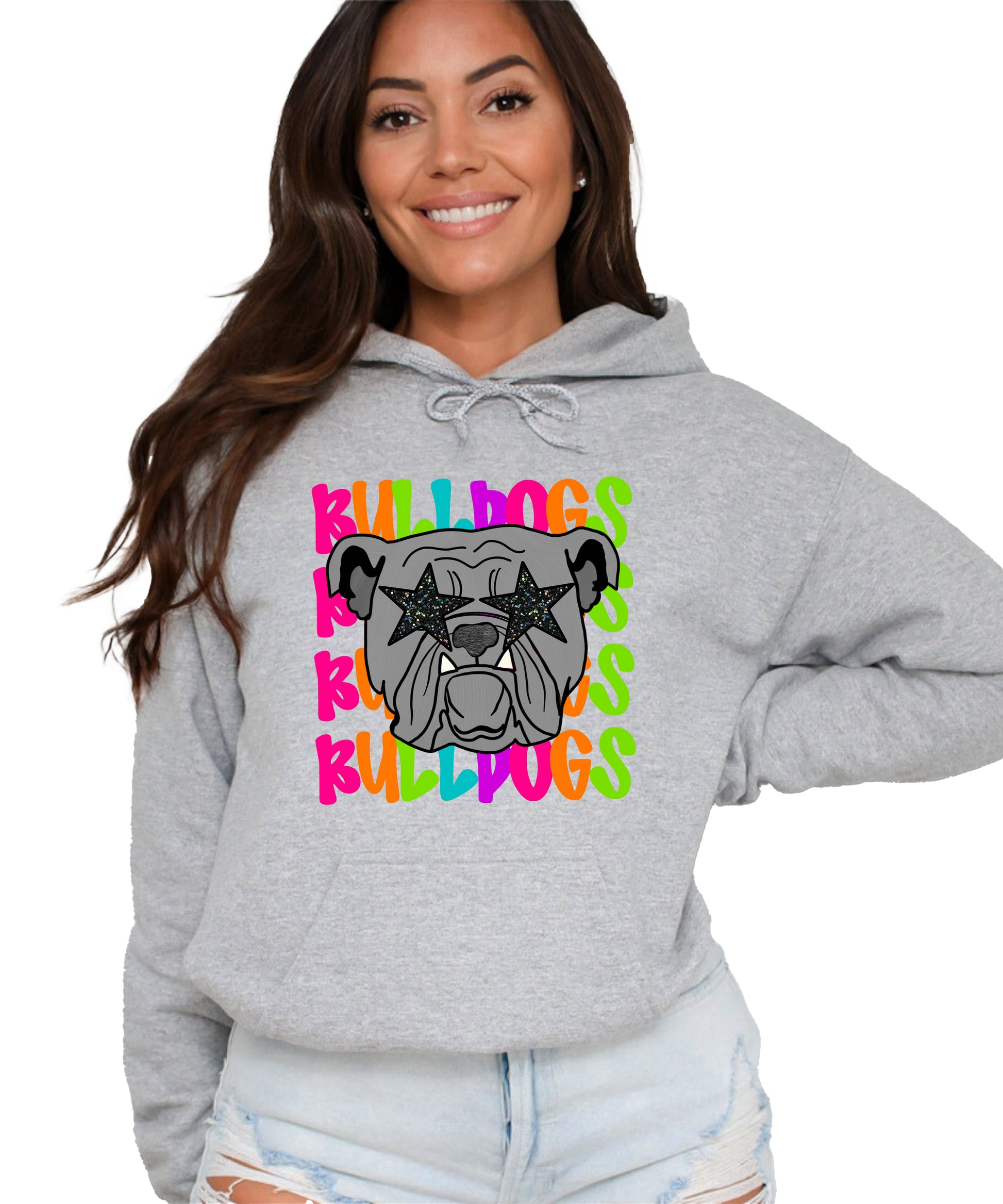 Bulldogs neon rainbow mascot hoodie in Gray - front view
