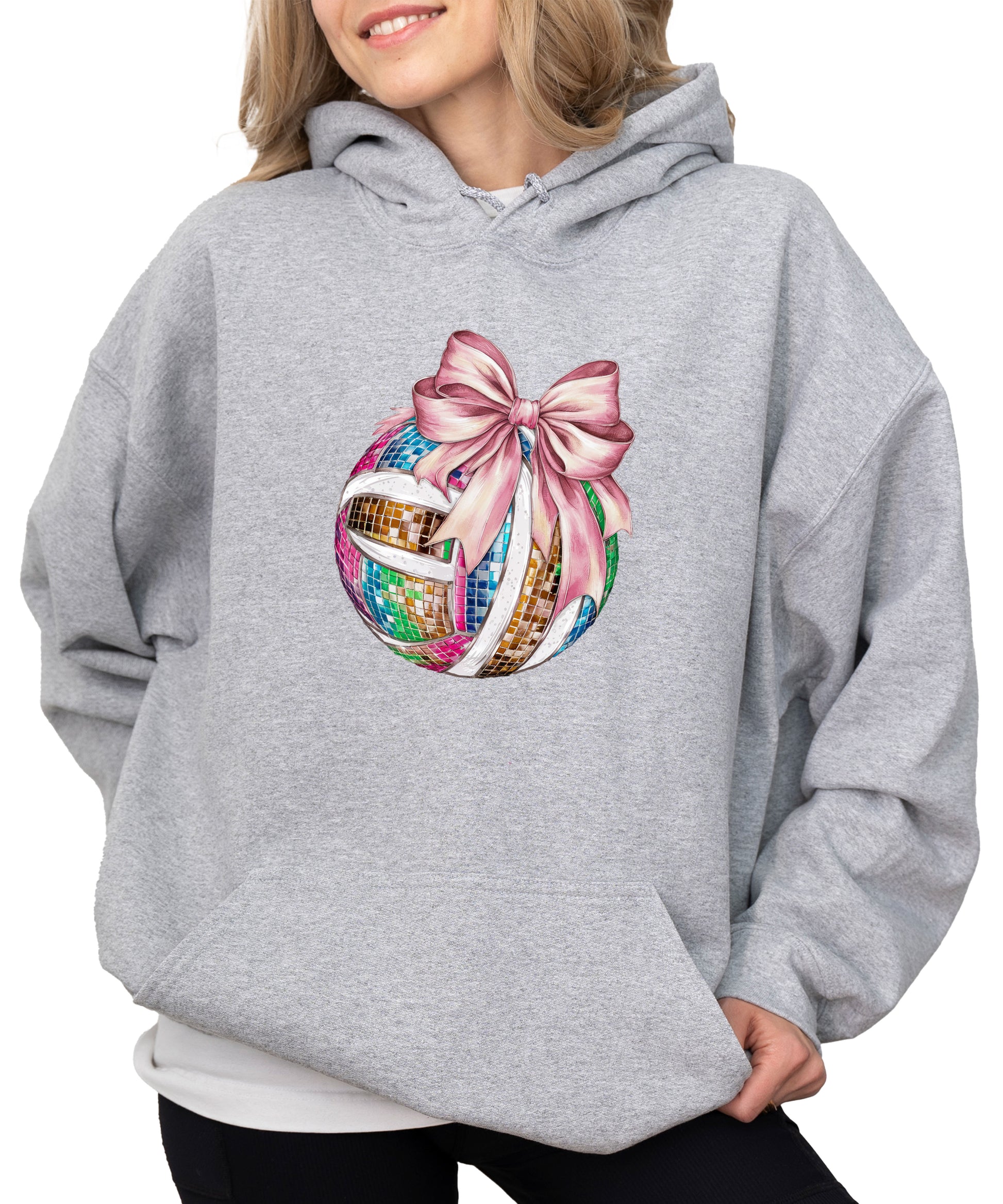 Disco Volleyball Coquette Bow Hoodie - Gray - View 1