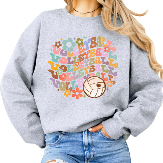 Retro floral volleyball sweatshirt, gray, adult — image 1 (G1)