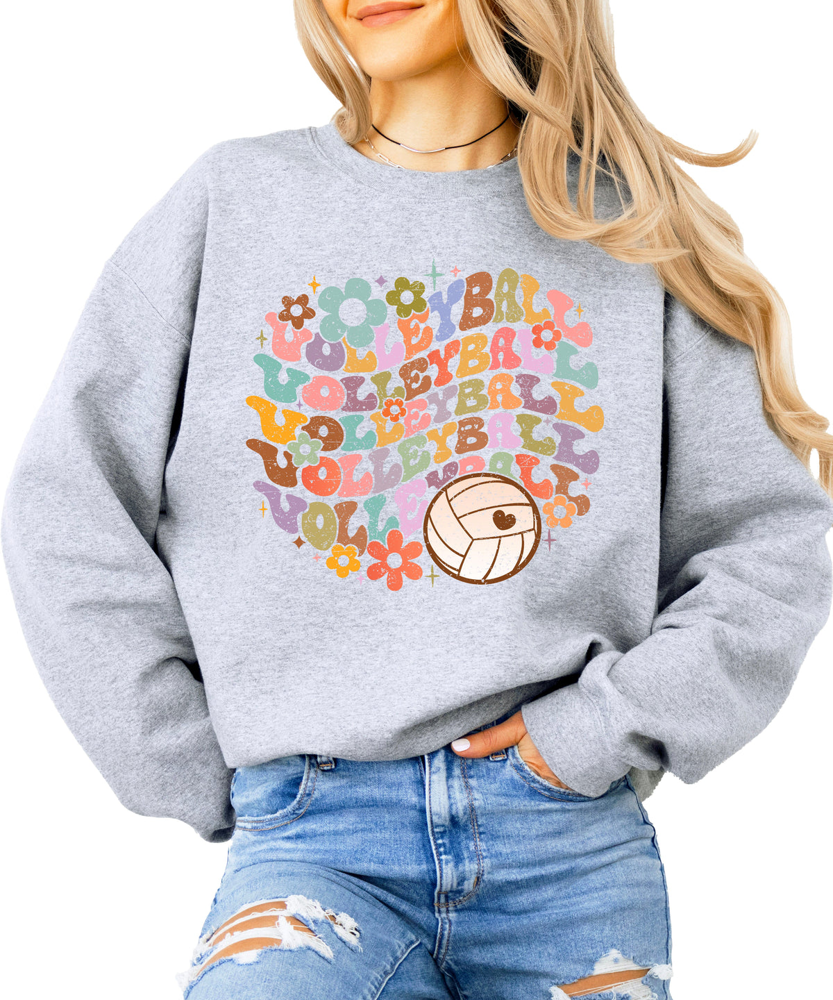 Retro floral volleyball sweatshirt, gray, adult — image 1 (G1)