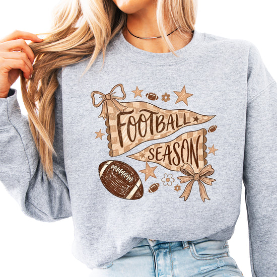 Football Season Coquette Bow Pennant Game Day Crewneck Sweatshirt - Gray Sweatshirt view 1