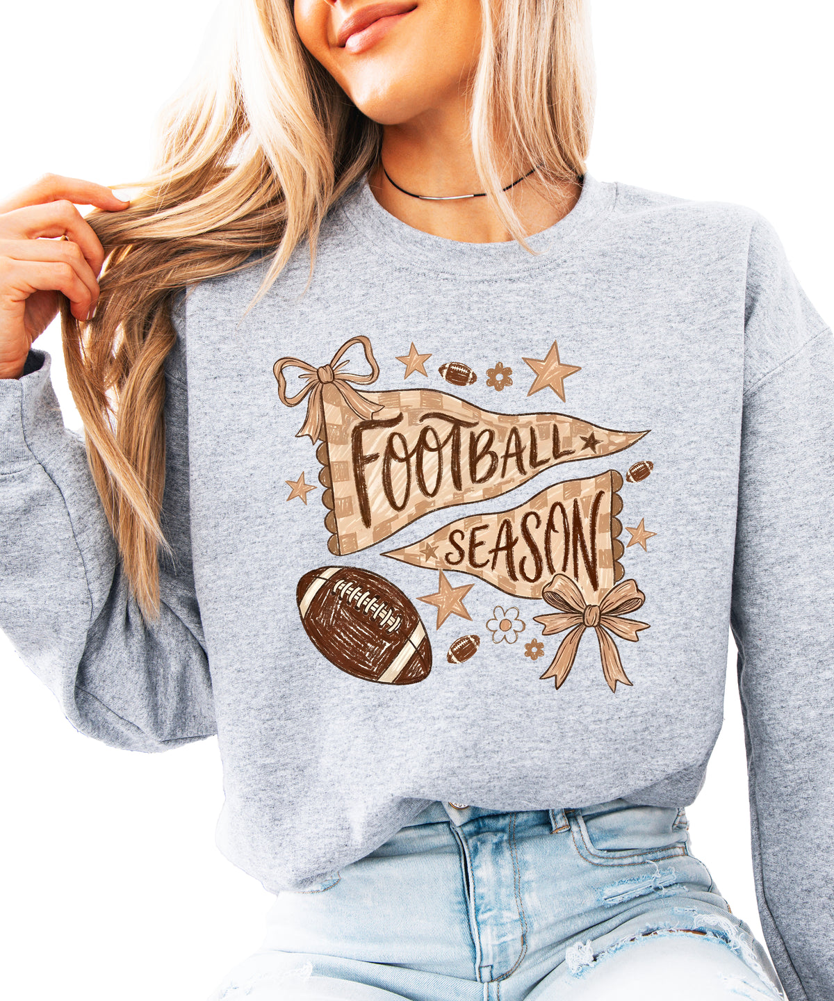 Football Season Coquette Bow Pennant Game Day Crewneck Sweatshirt - Gray Sweatshirt view 1