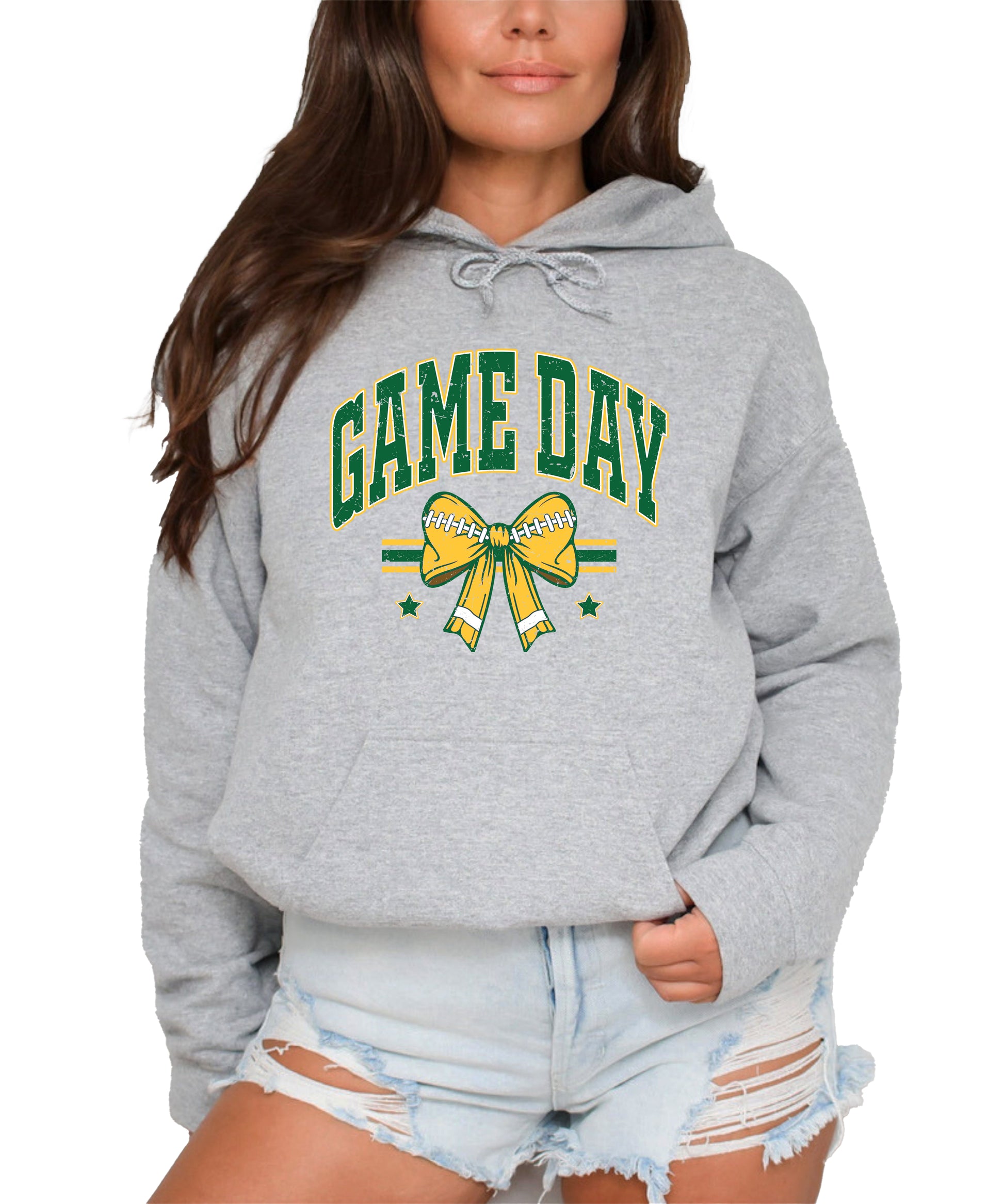 Game Day Football Bow Hoodie in Gray - front view